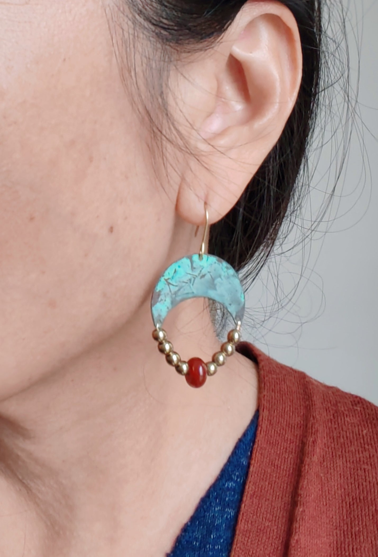 Blue flame earrings collection, with red agate, triangle