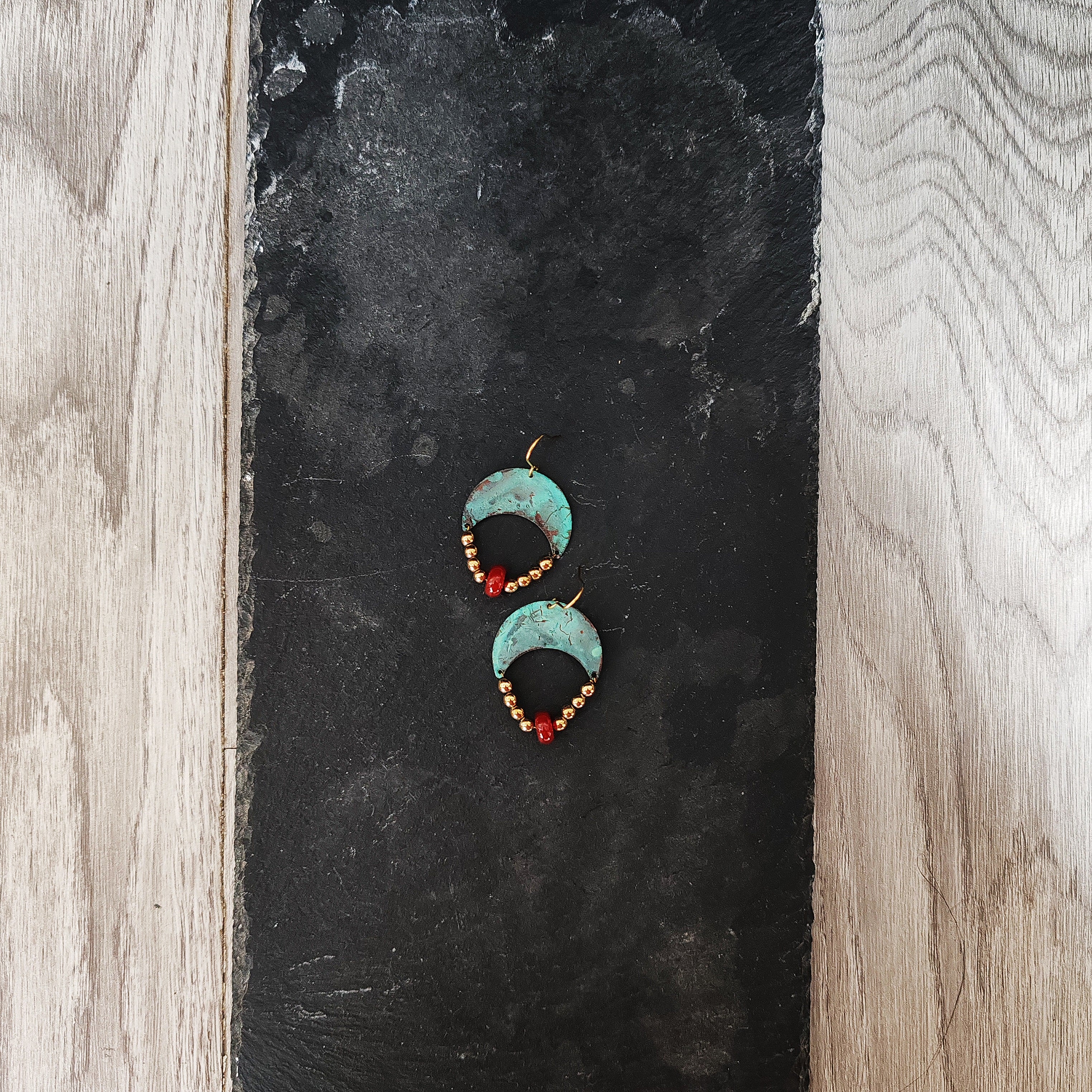 Blue flame earrings collection, with red agate, triangle