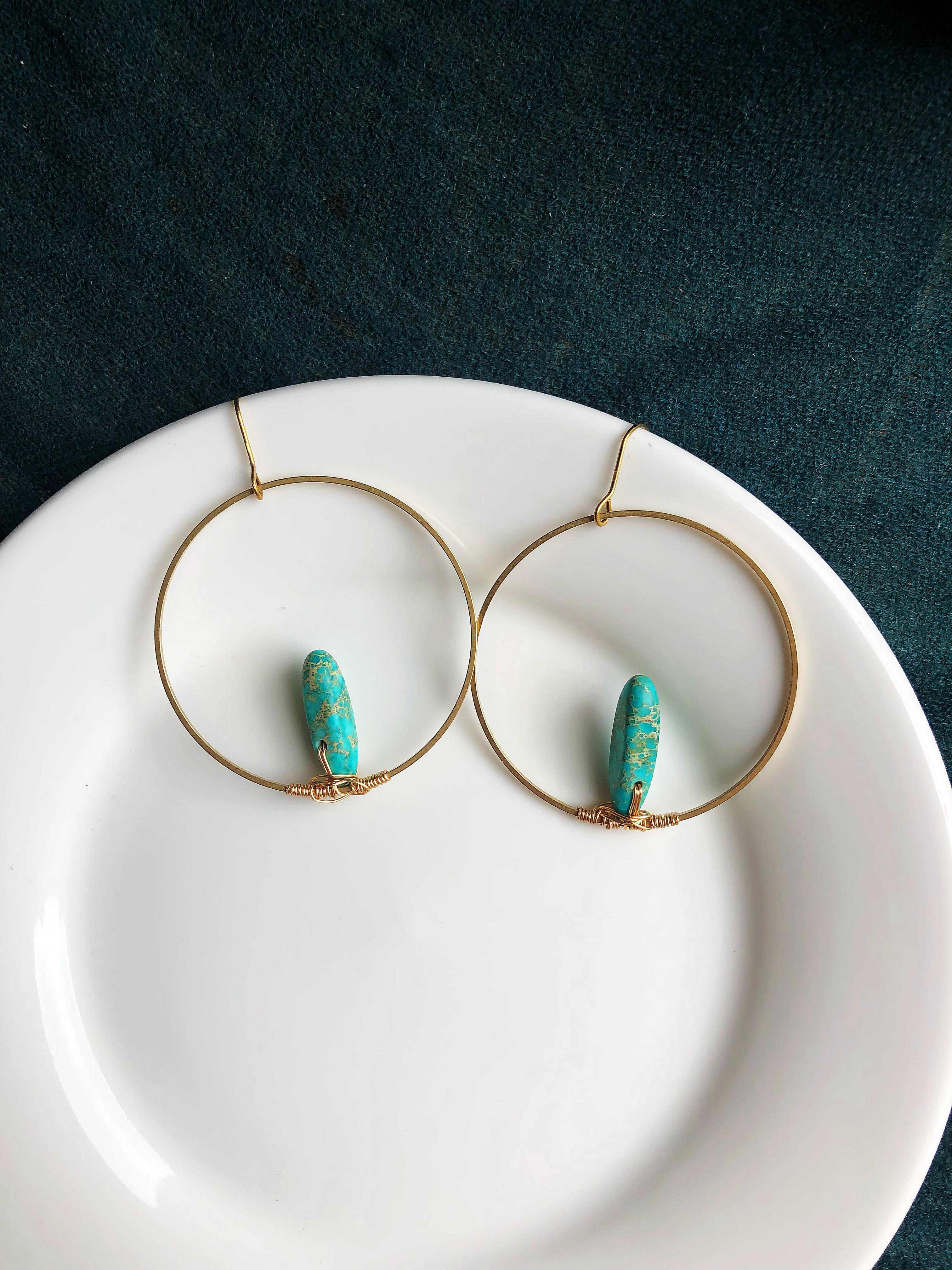 loops and stones earrings, turquois