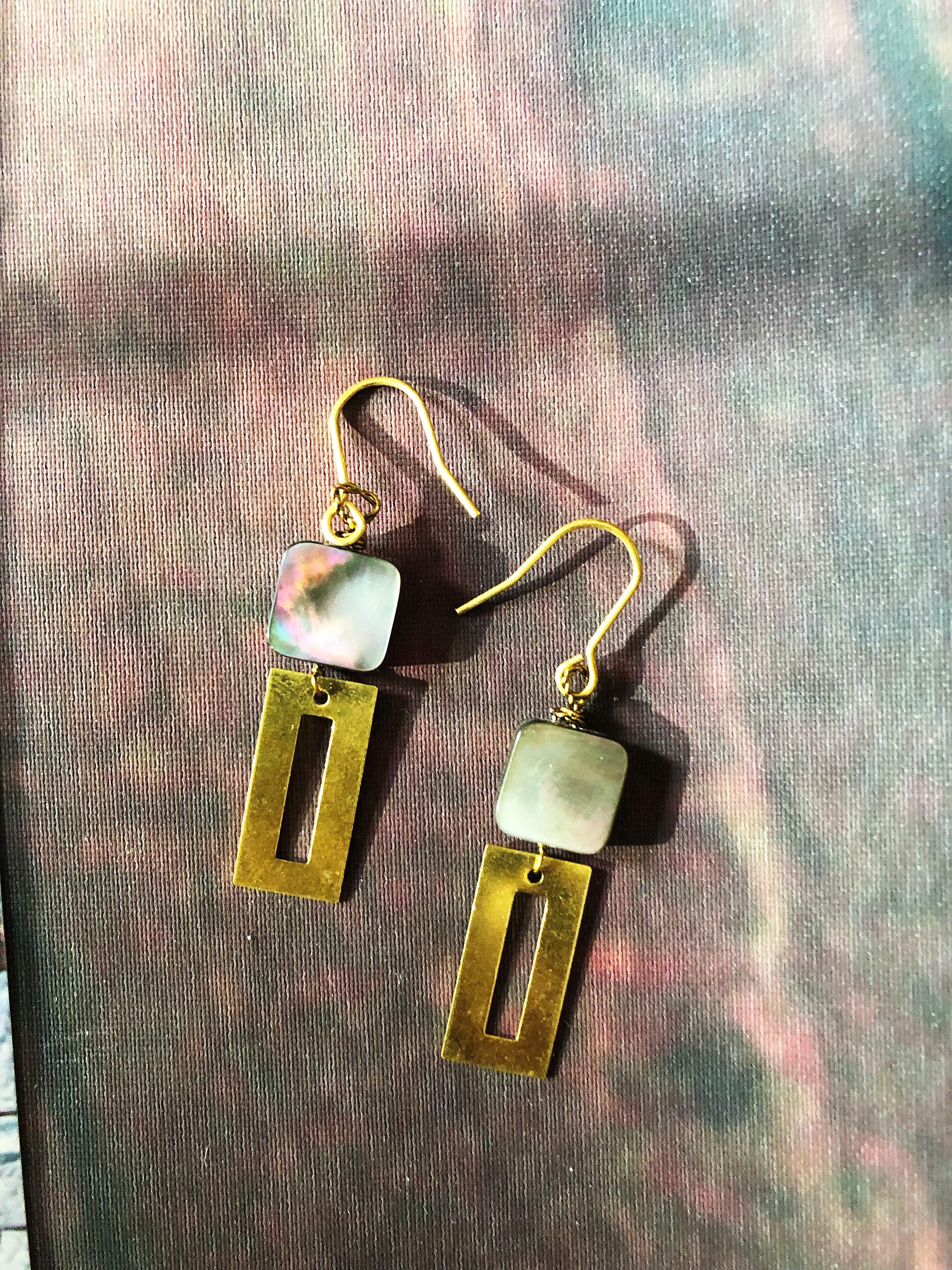 shell and brass earrings, mix of geomtric