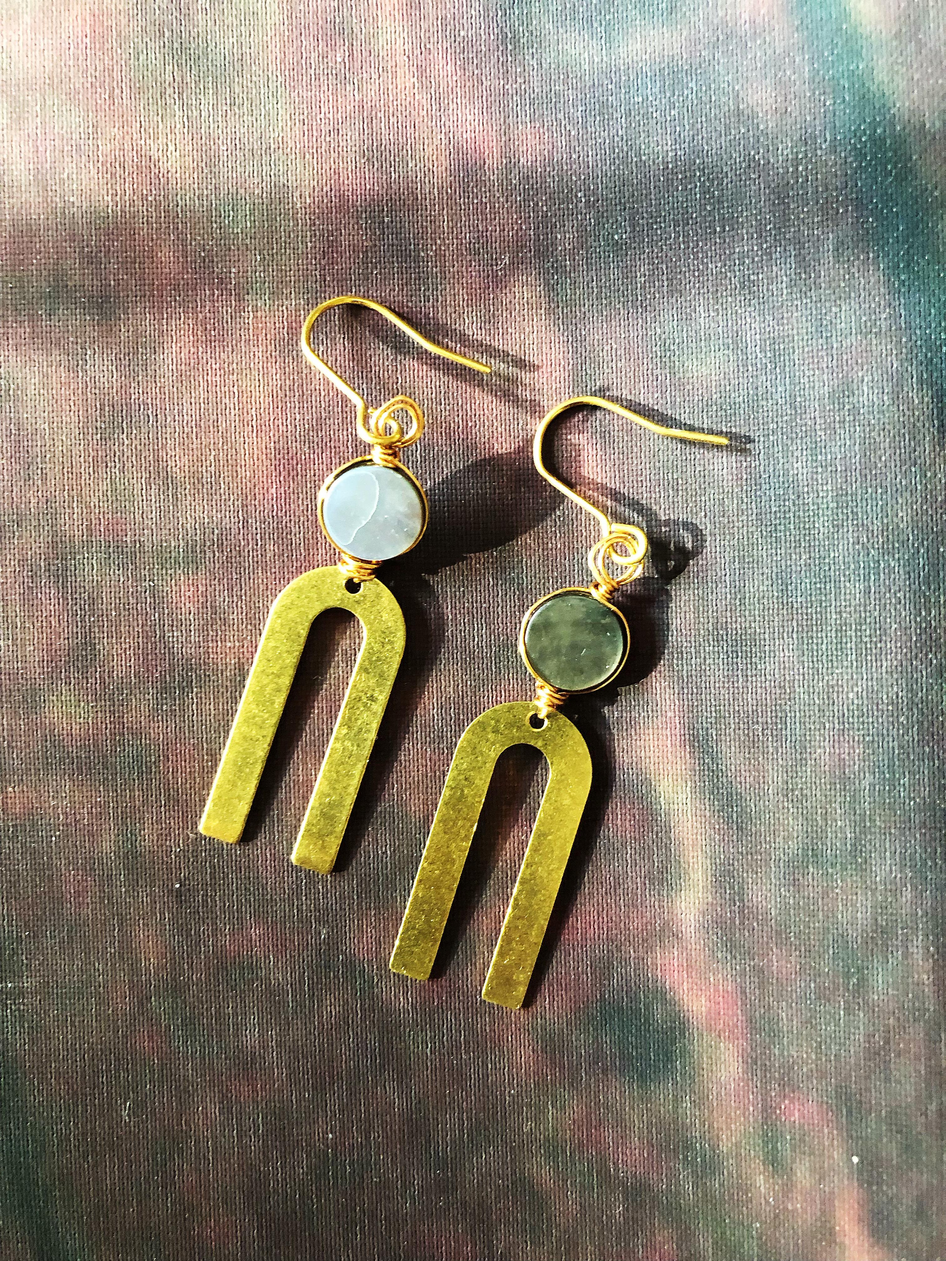 shell and brass earrings, mix of geomtric