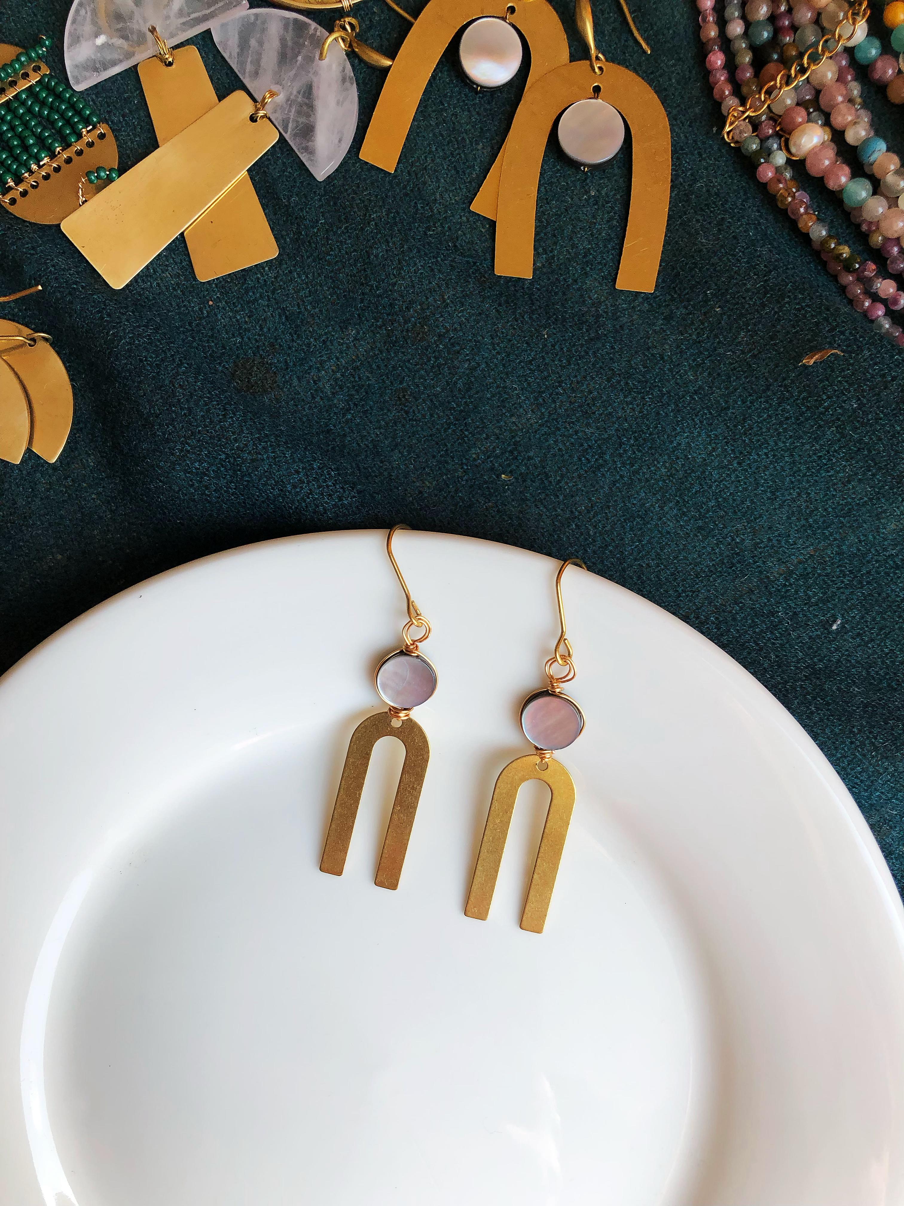 shell and brass earrings, mix of geomtric