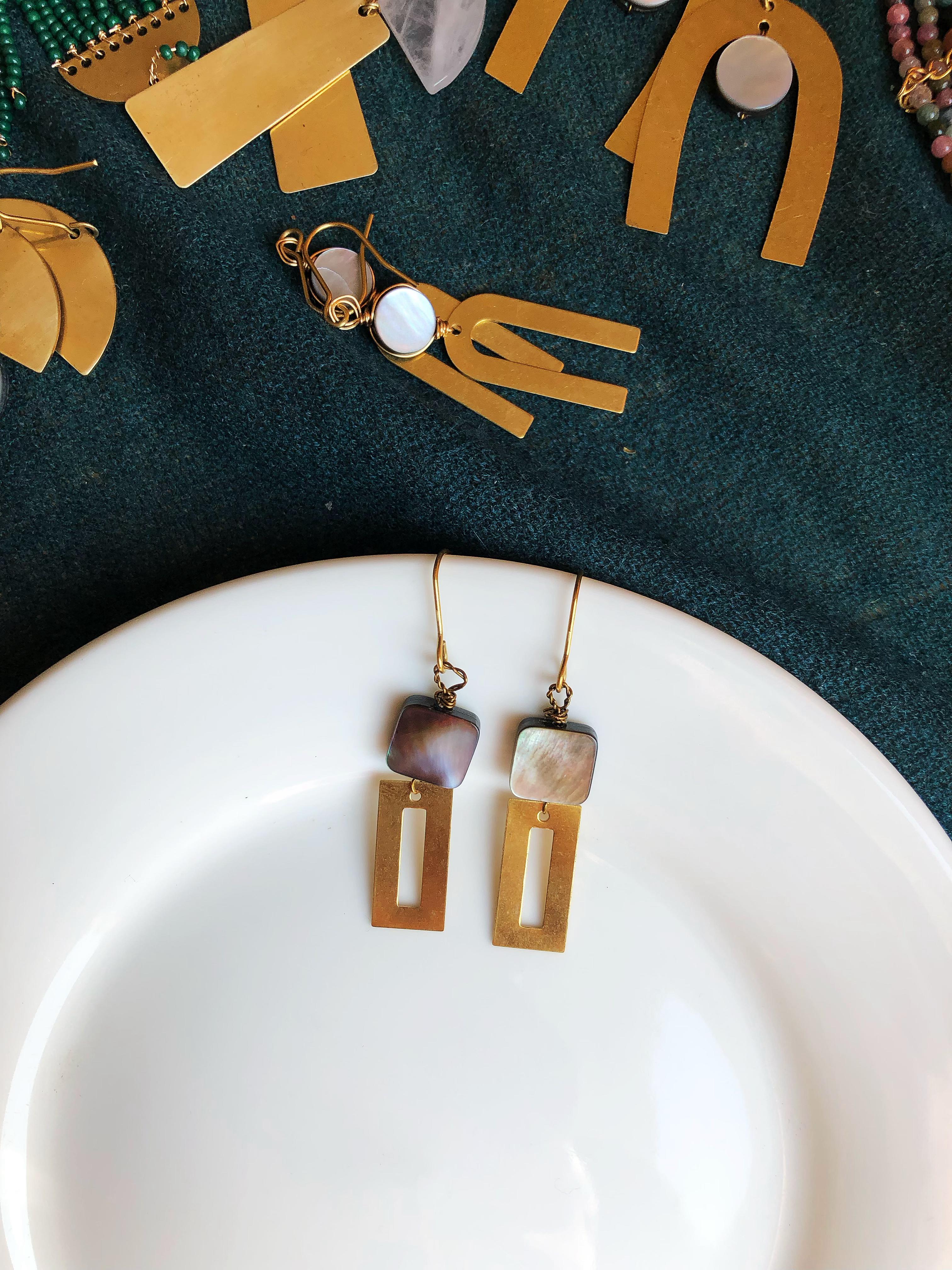 shell and brass earrings, mix of geomtric