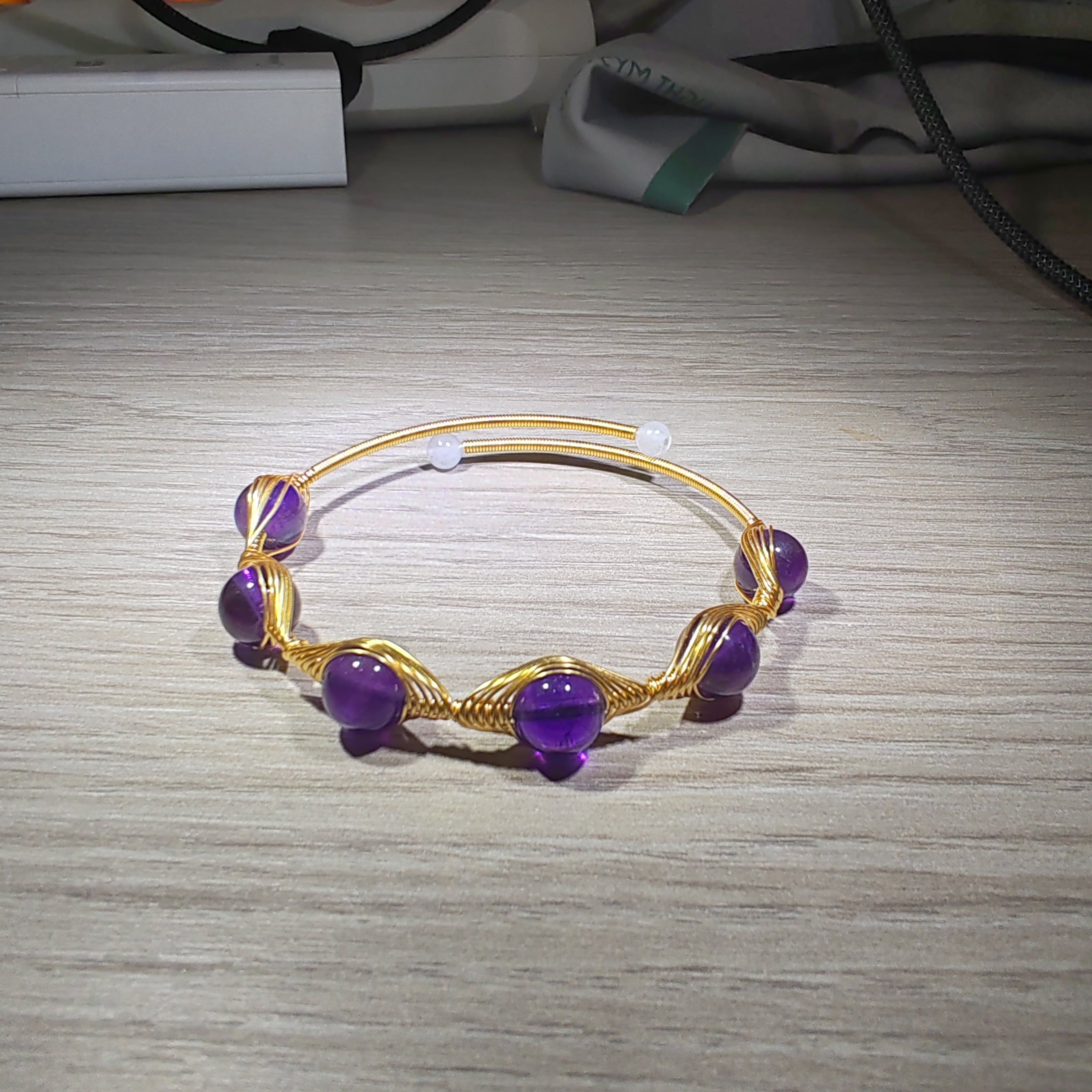 14K goldclad wiring bracelet with 8mm natural stones/quartz