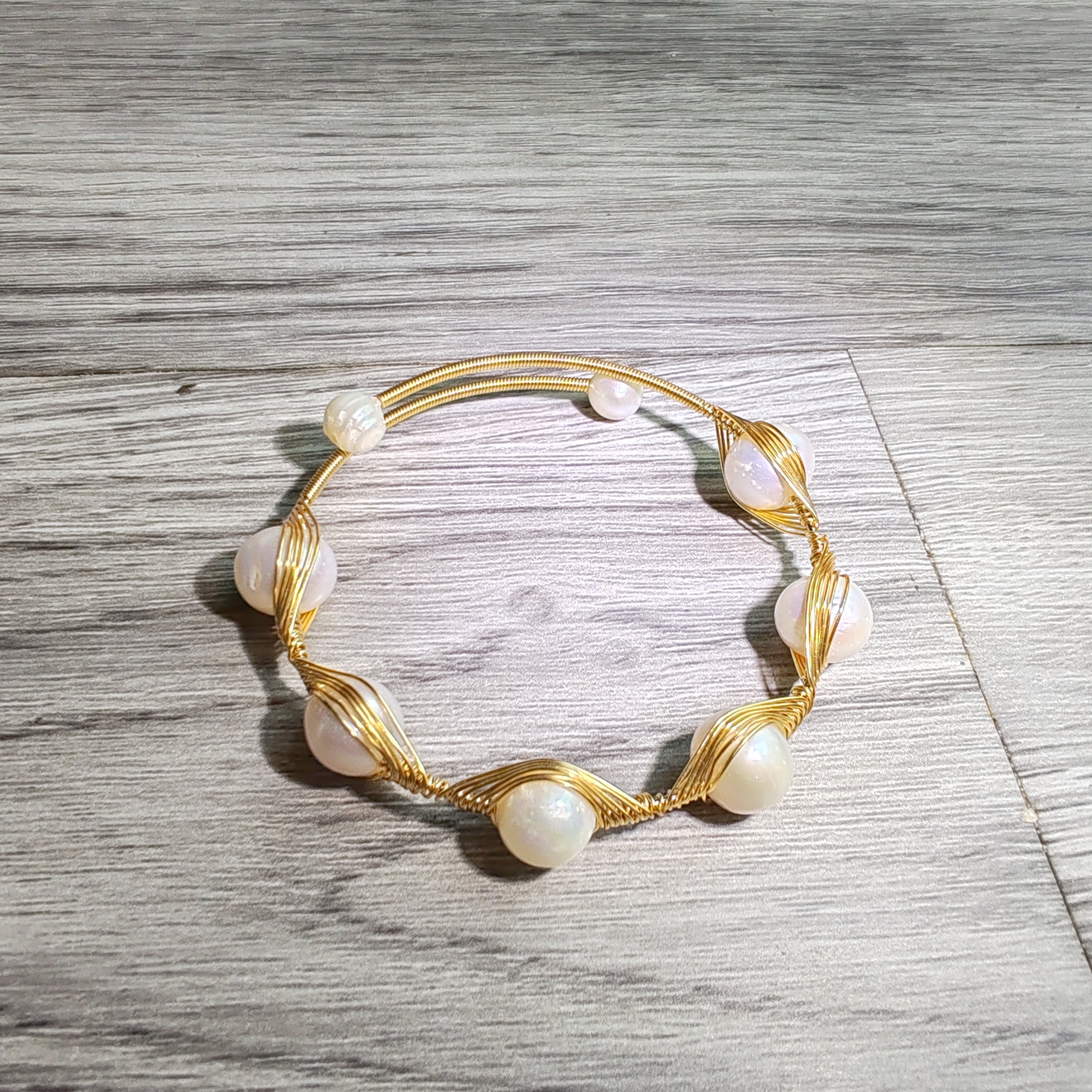 14K goldclad wiring bracelet with 8mm natural stones/quartz