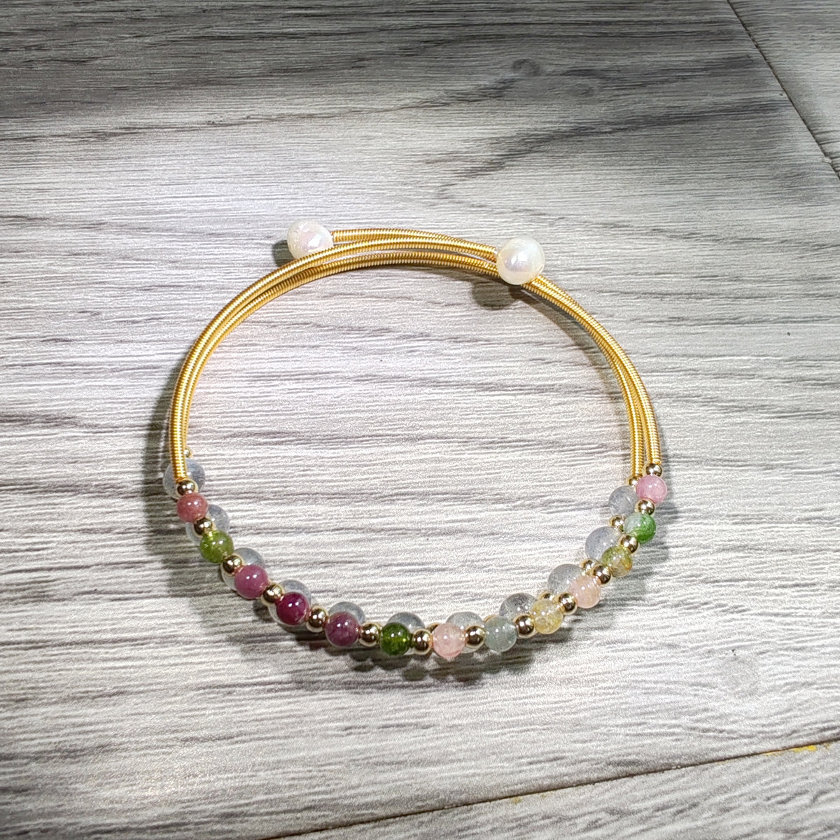 14K goldclad wiring bracelet tourmaline and moonstones