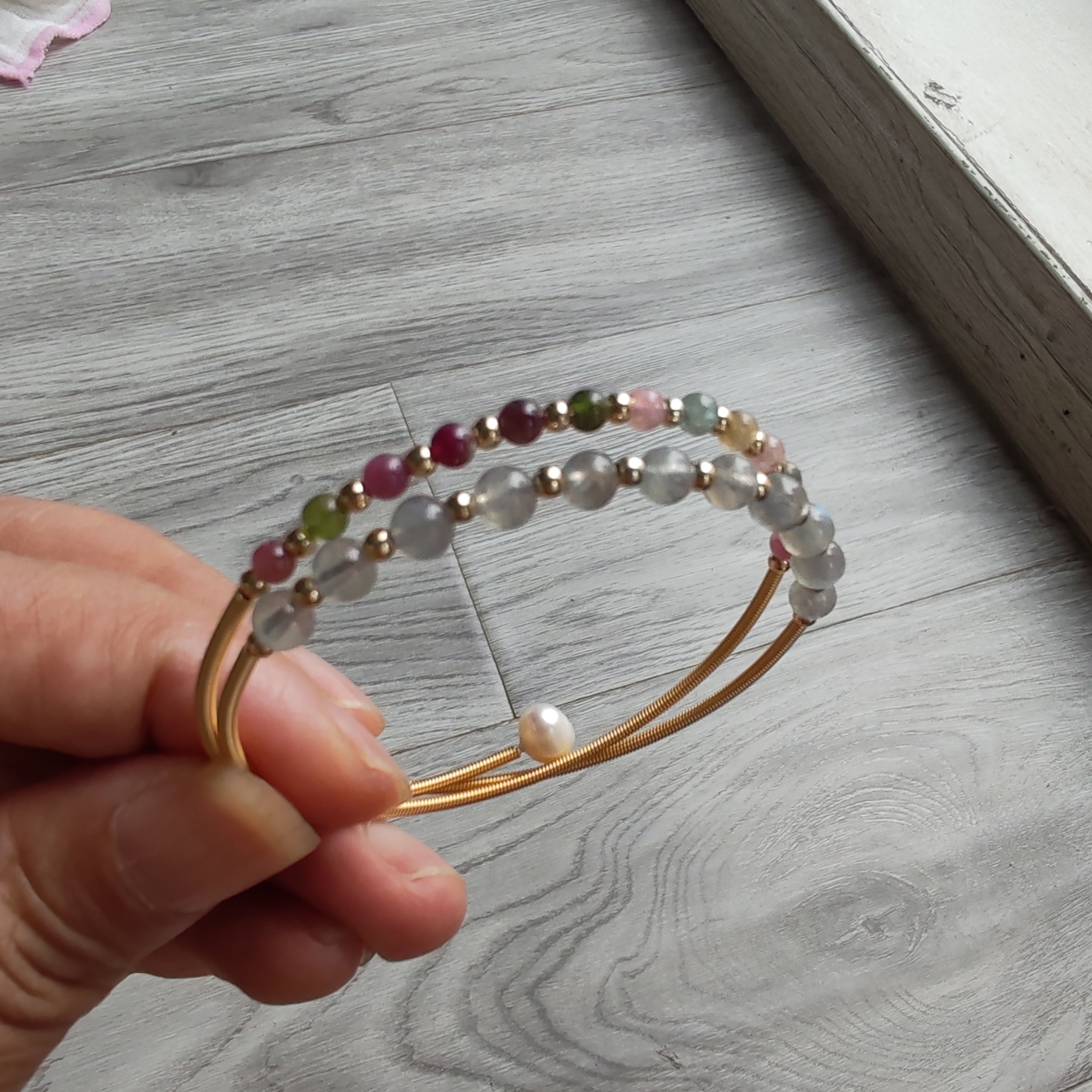 14K goldclad wiring bracelet tourmaline and moonstones