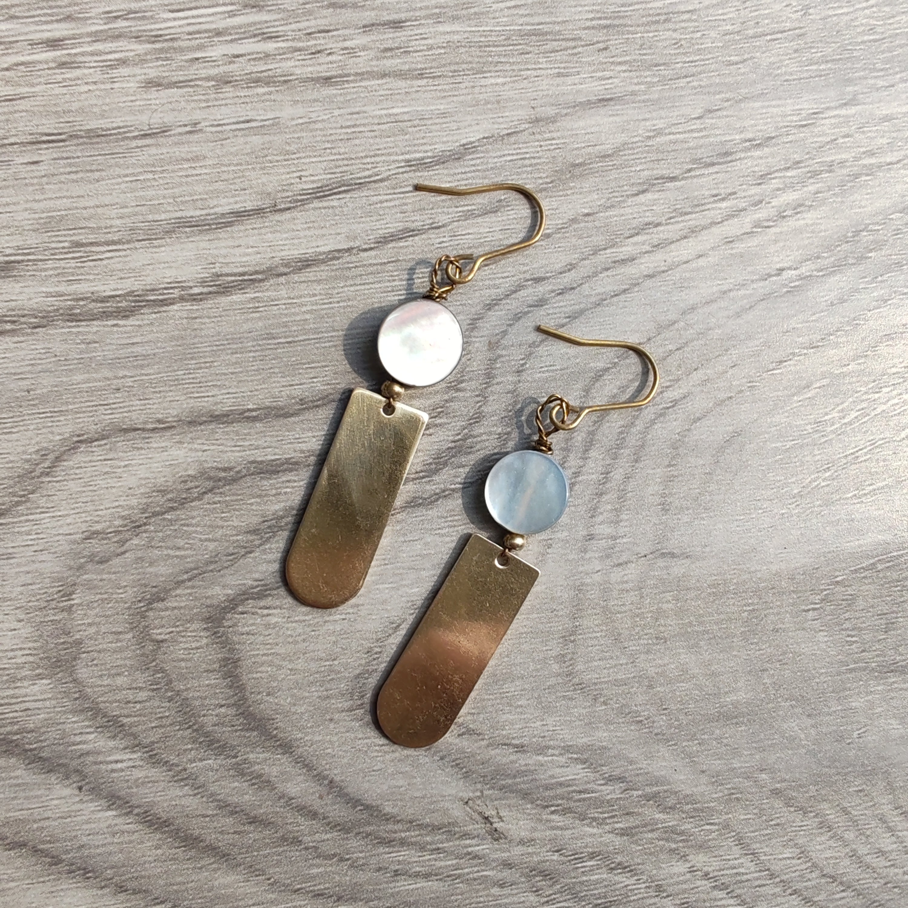 shell and brass earrings, mix of geomtric