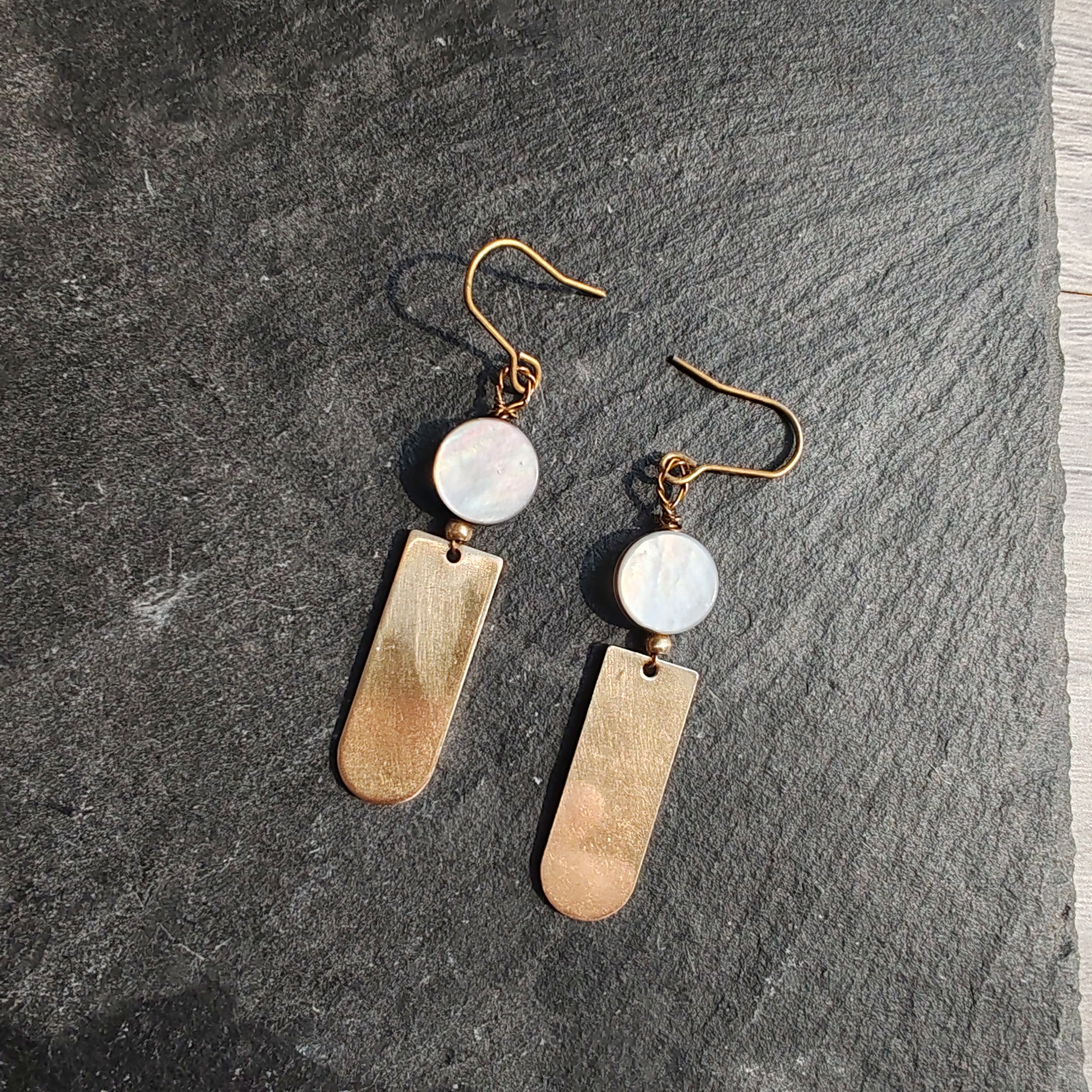 shell and brass earrings, mix of geomtric