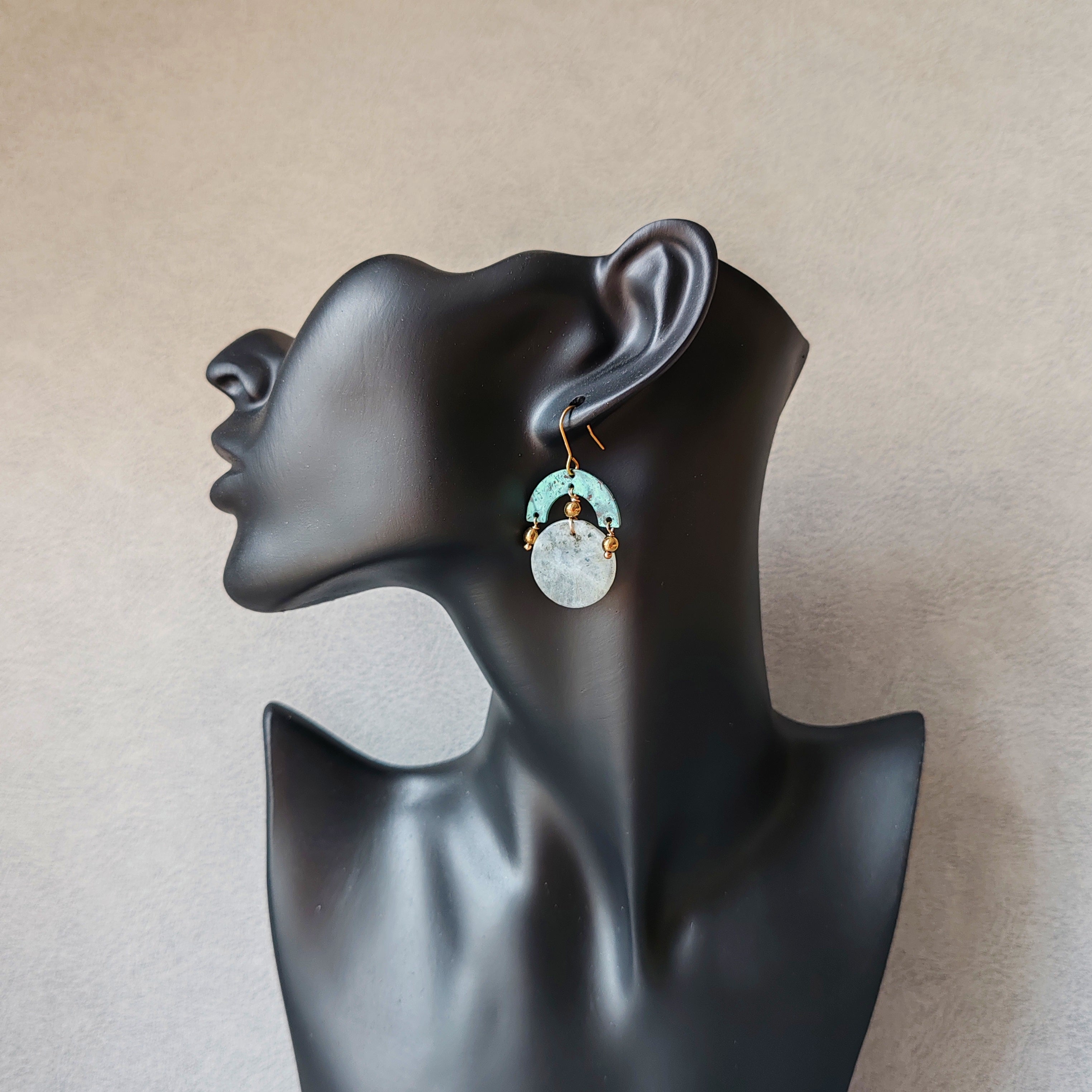 Blue Flame earrings collection, with labrorite stone, round shape
