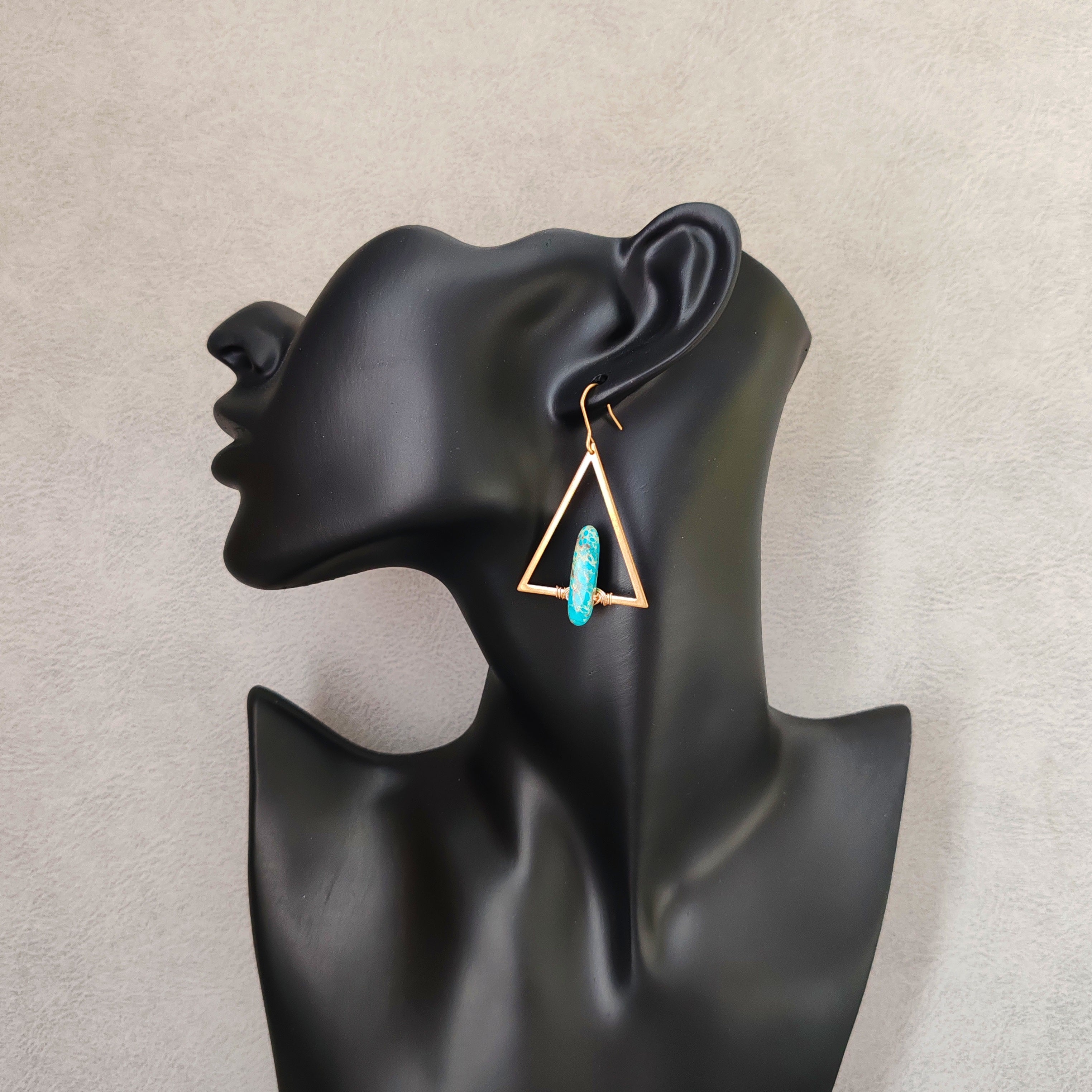 Triangle with stones earrings, turquois/white quartz, brass and stones earrings