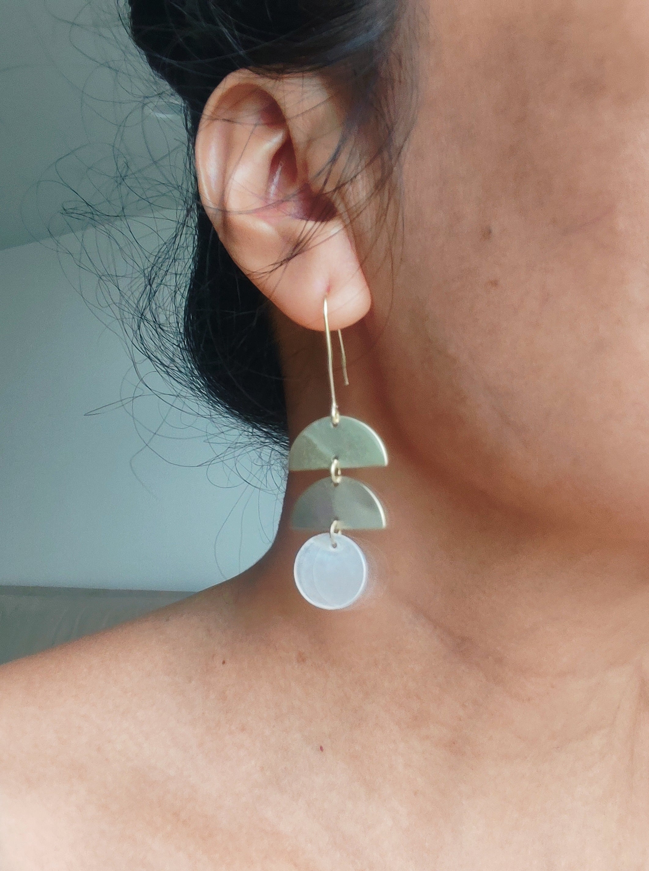 tree shape earrings brass and mirror shell