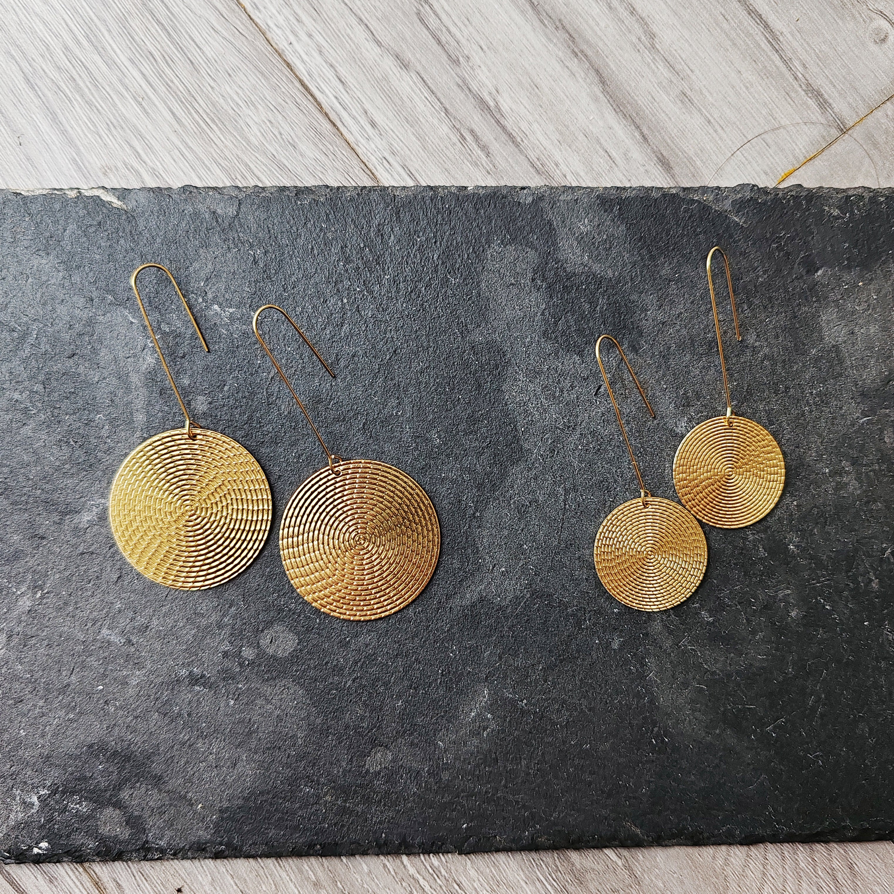 patterned brass disk earrings