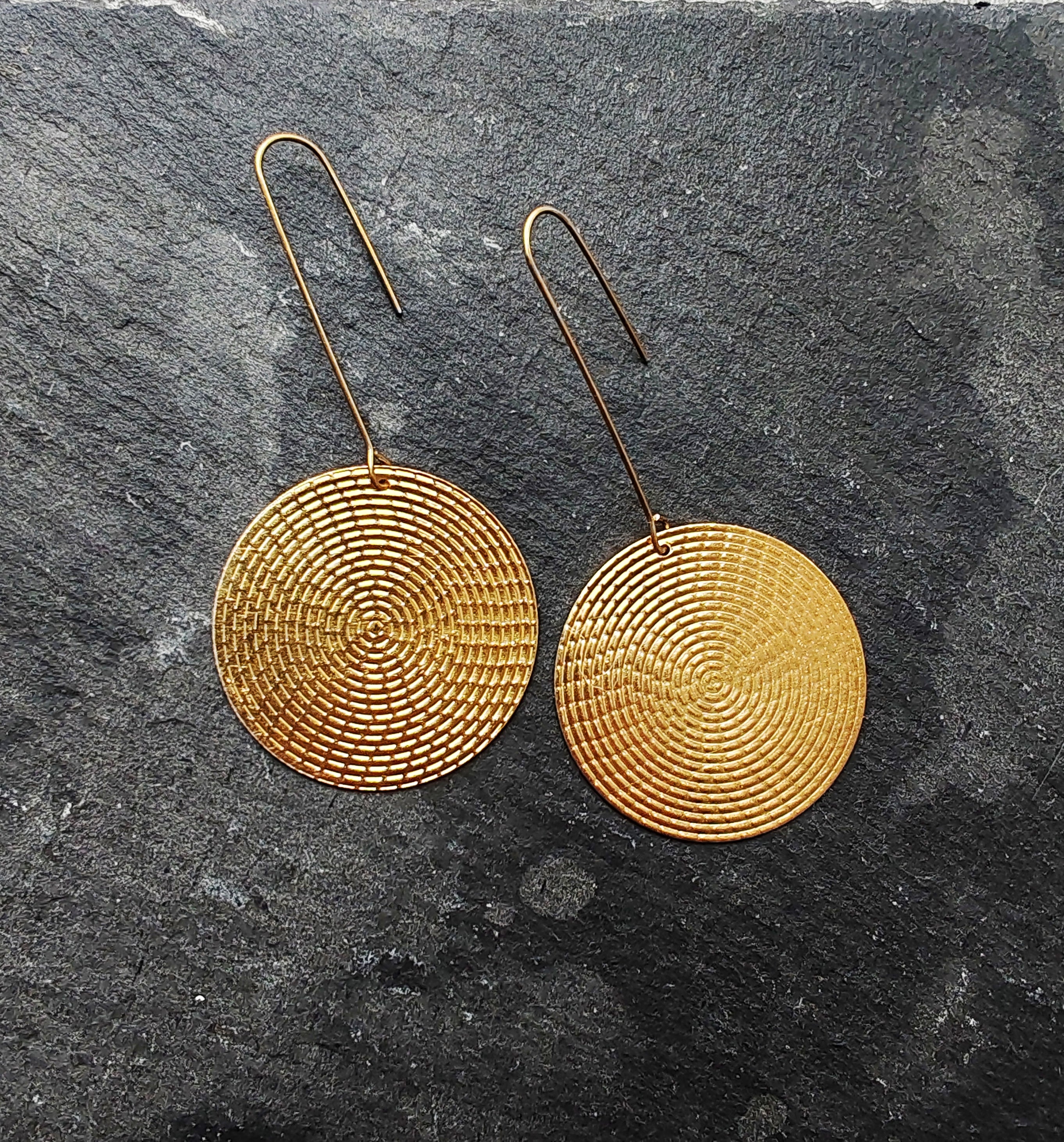 patterned disk  brass earrings