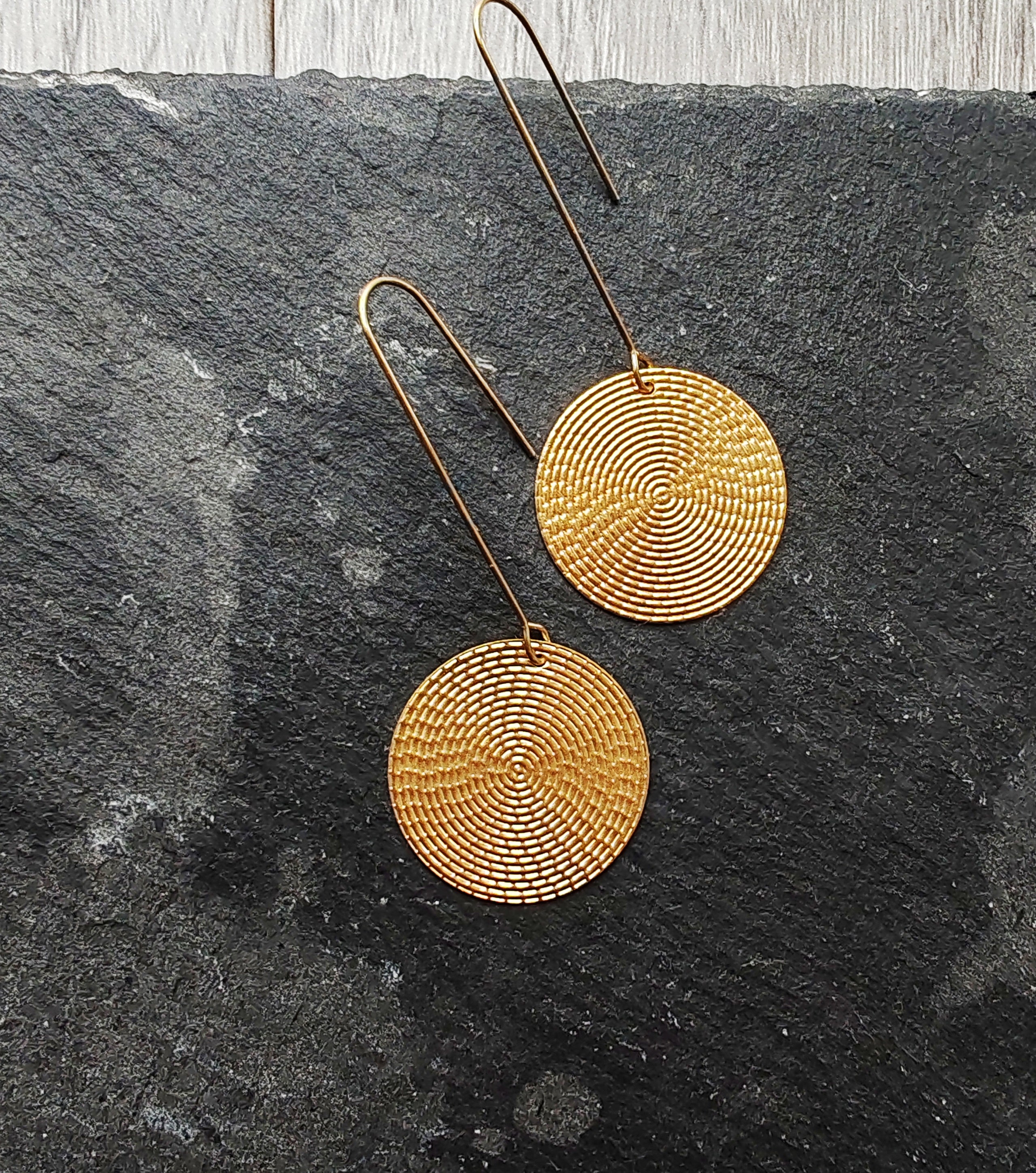 patterned disk  brass earrings