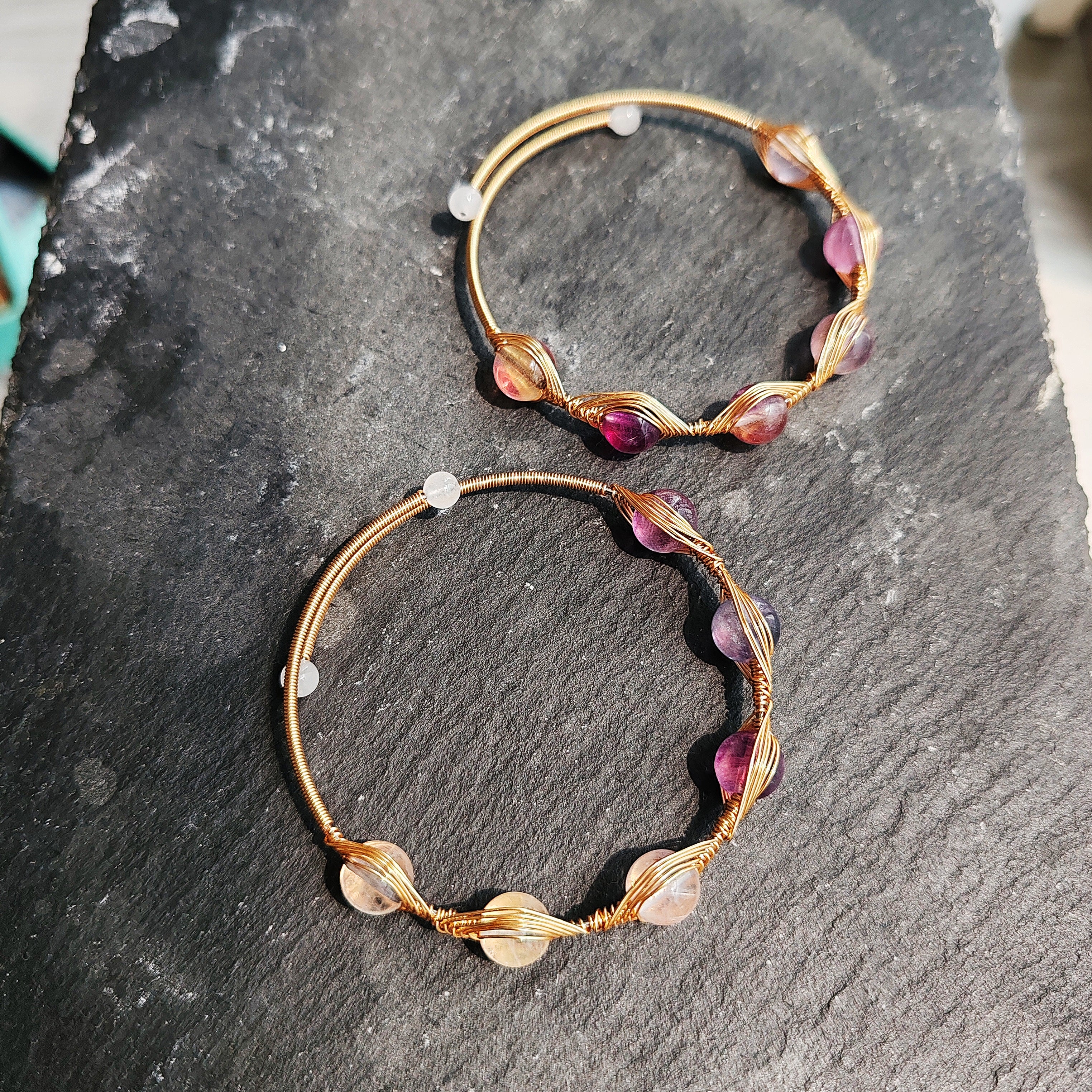14K goldclad wiring bracelet with 8mm natural stones/quartz