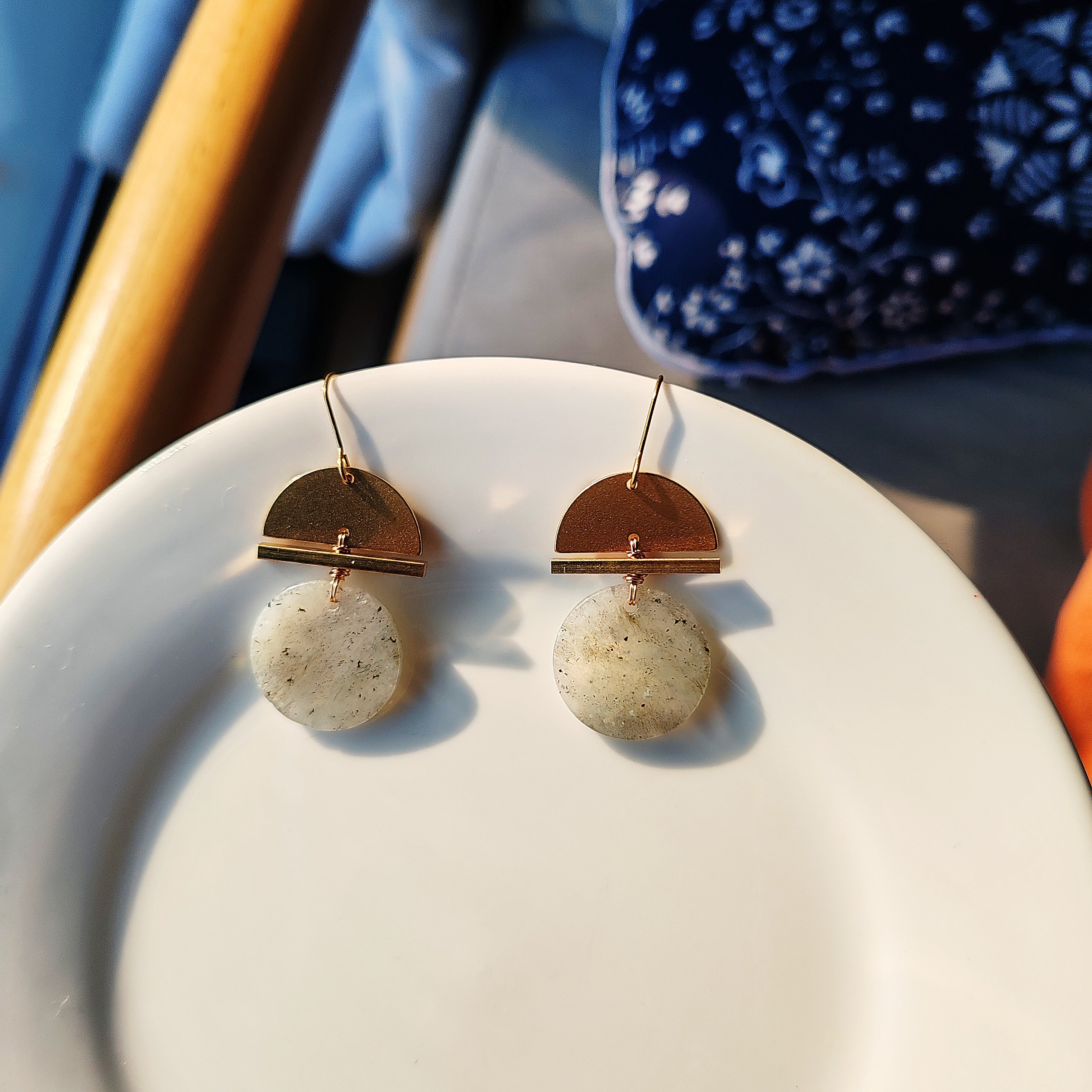 hat shape earrings, brass and stone earrings collection, labrorite, turqoise, red stone