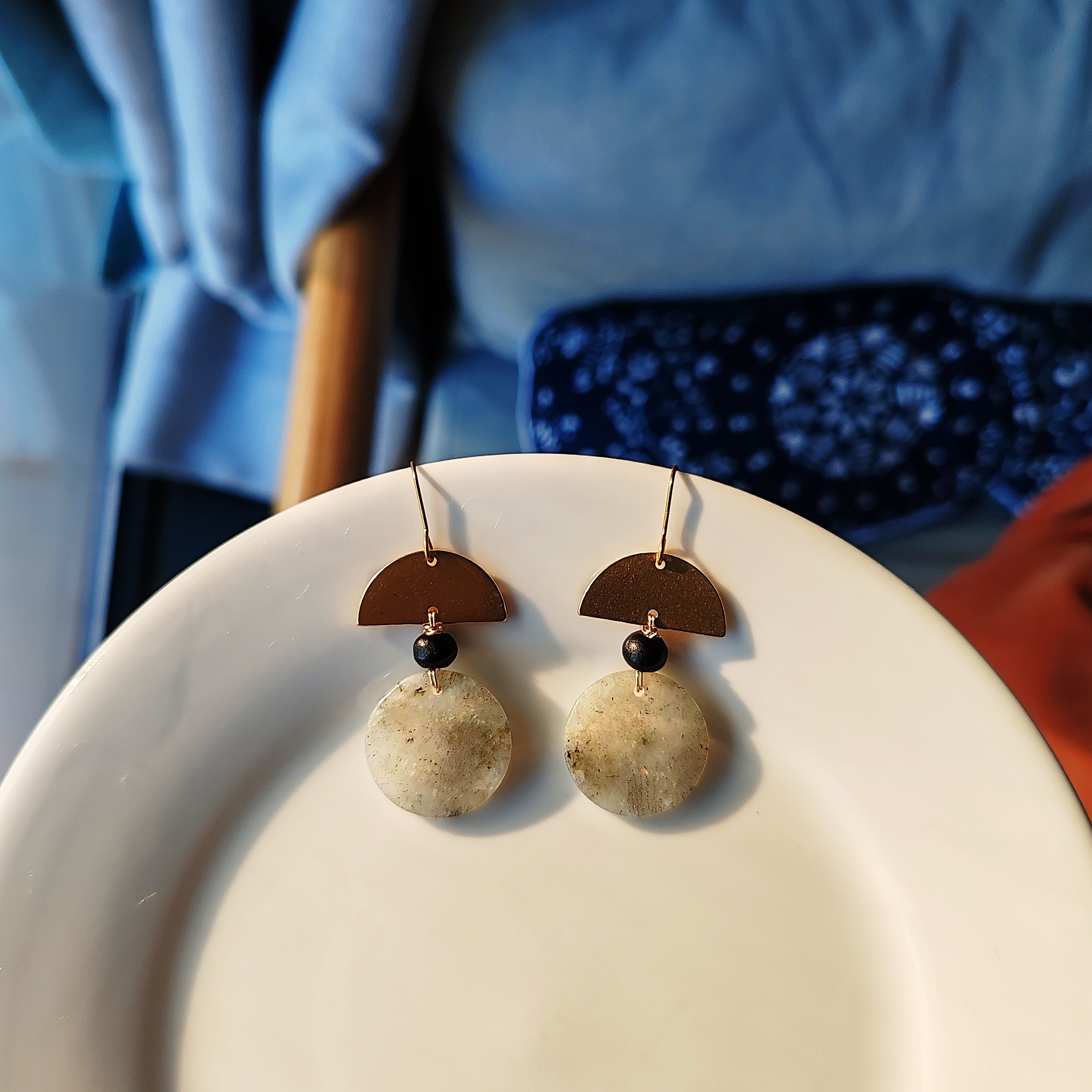 hat shape earrings, brass and stone earrings collection, labrorite, turqoise, red stone
