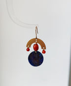 Brass and stone earrings, with lapis lazuli and red agate.