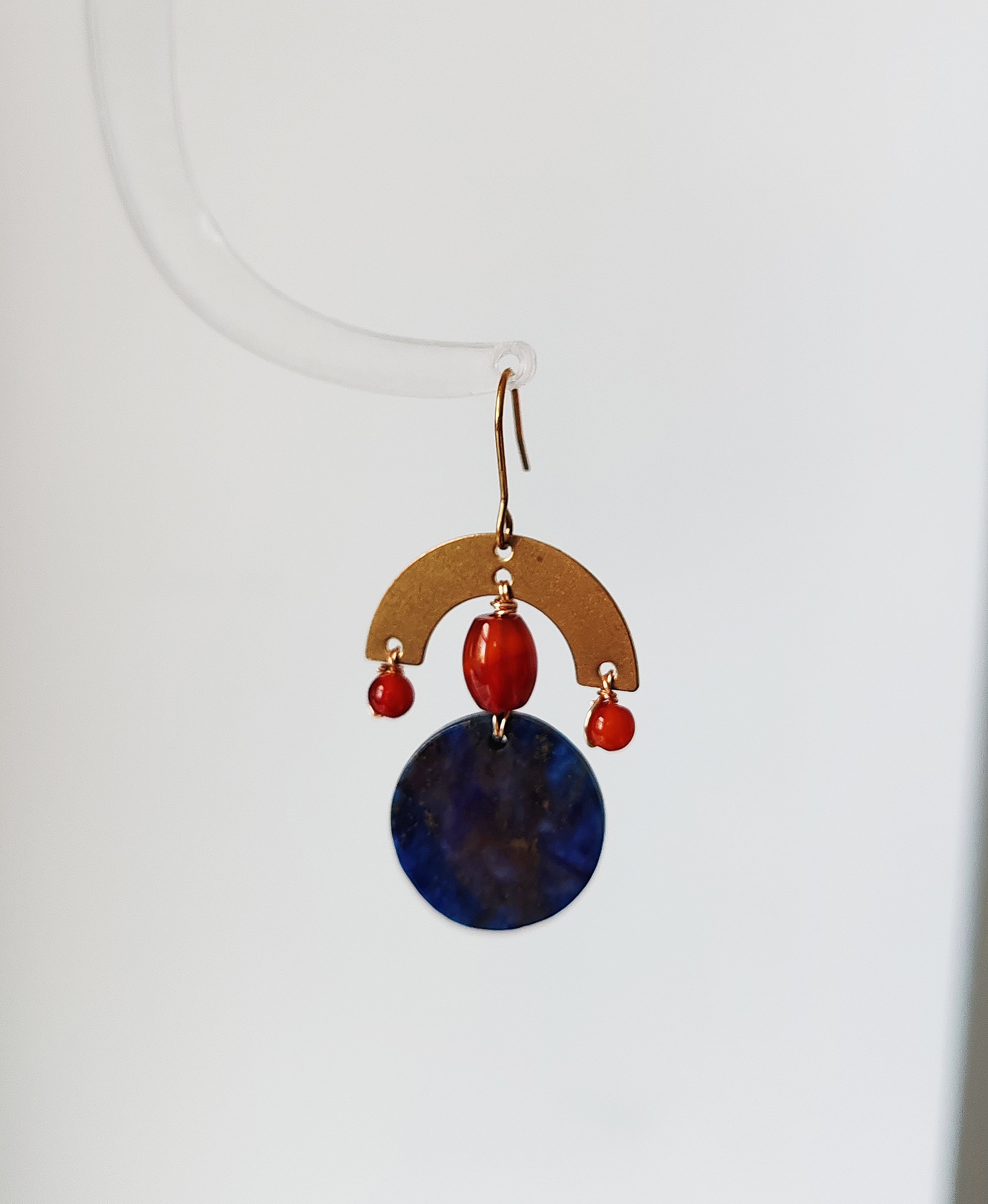 Brass and stone earrings, with lapis lazuli and red agate.