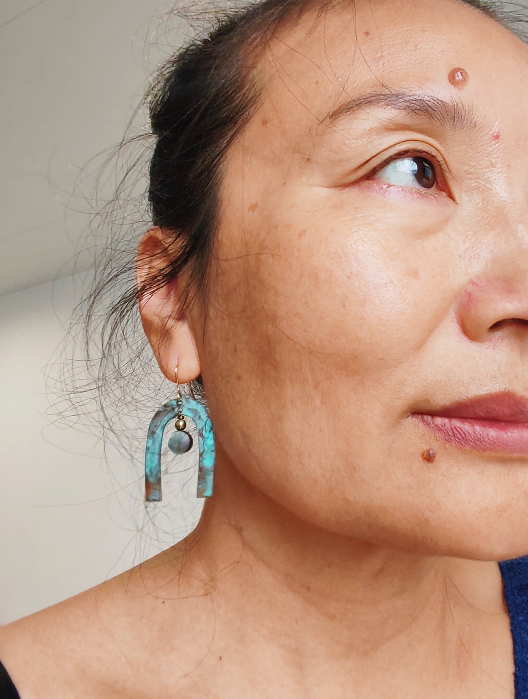 Blue Flame earrings collection, with shell, moon gate