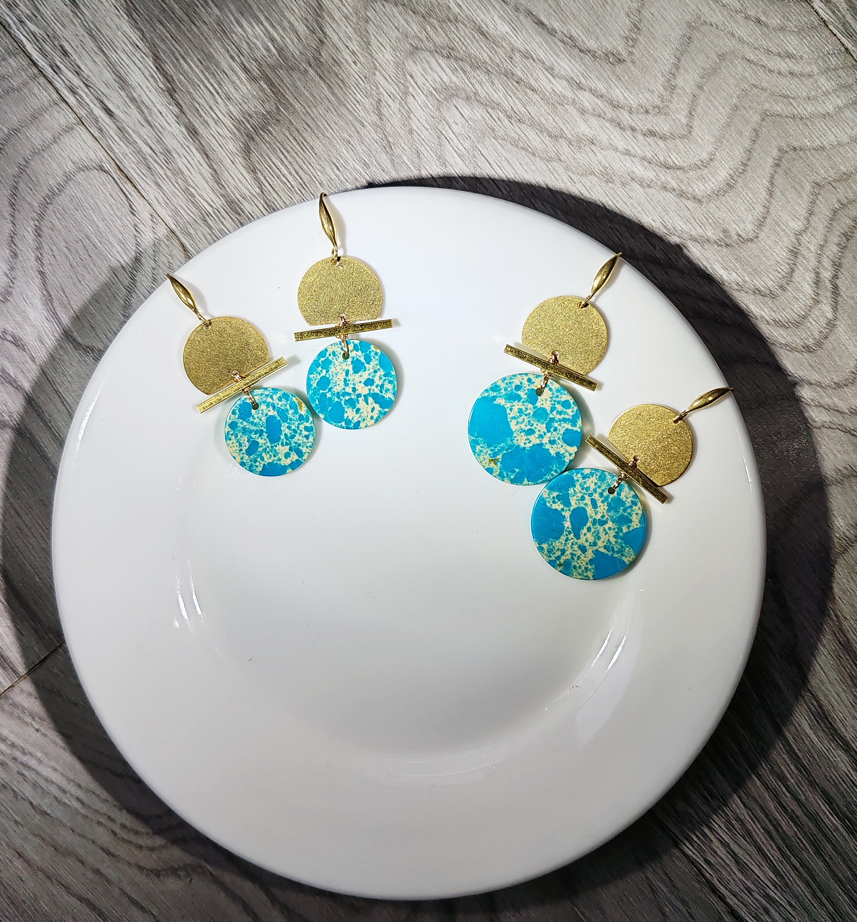 hat shape earrings, brass and stone earrings collection, labrorite, turqoise, red stone