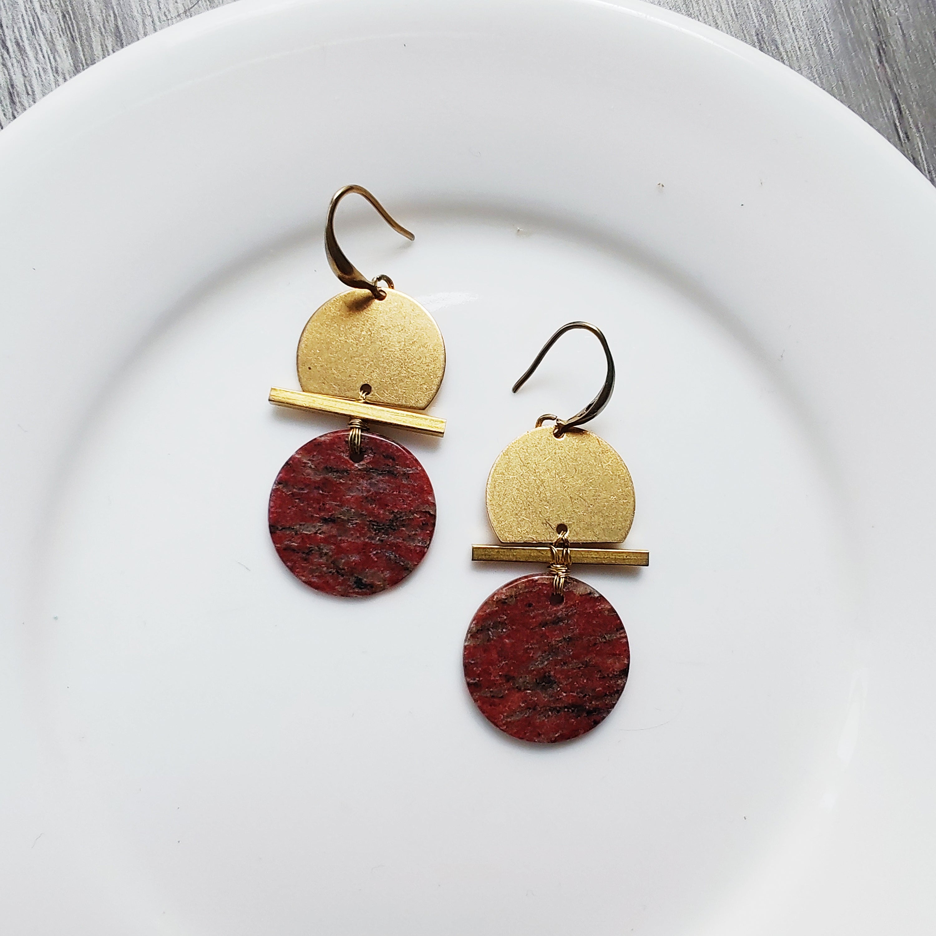 hat shape earrings, brass and stone earrings collection, labrorite, turqoise, red stone