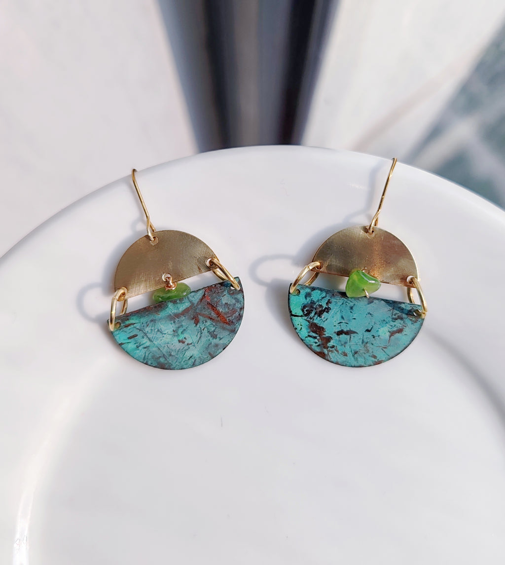 Blue Flame earrings collection, with yellow brass