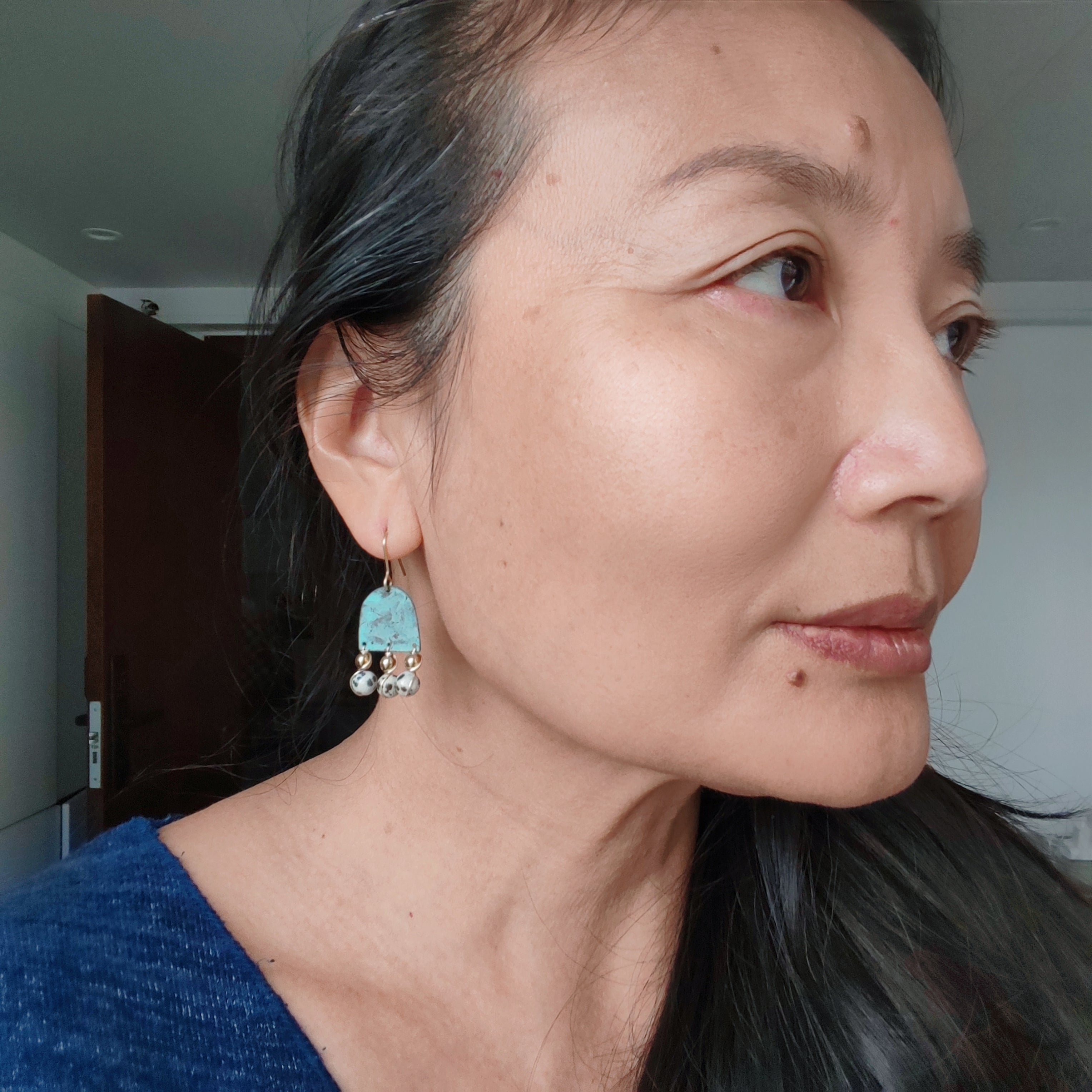Blue Flame collection earrings, tussel shape with natural stones