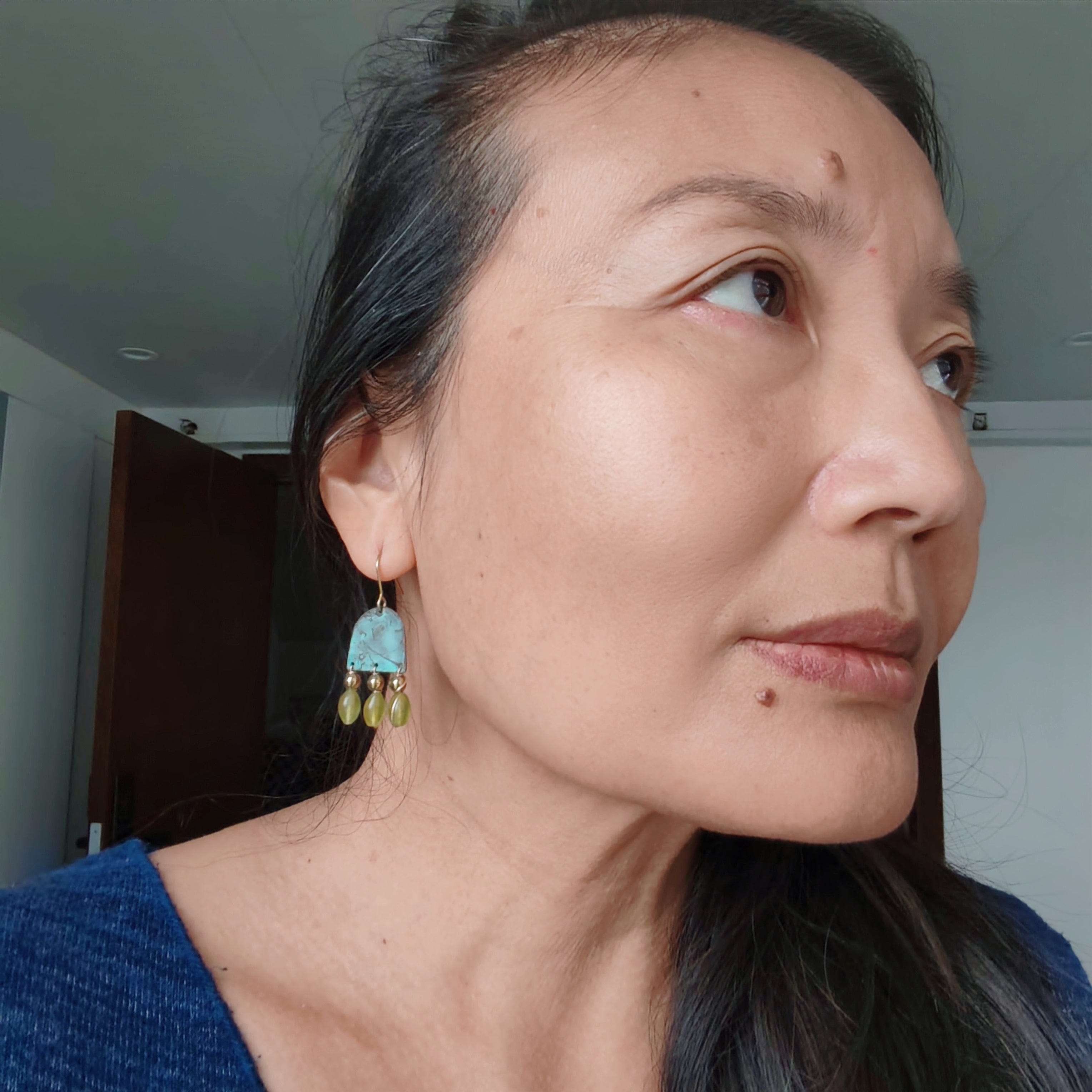 Blue Flame collection earrings, tussel shape with natural stones