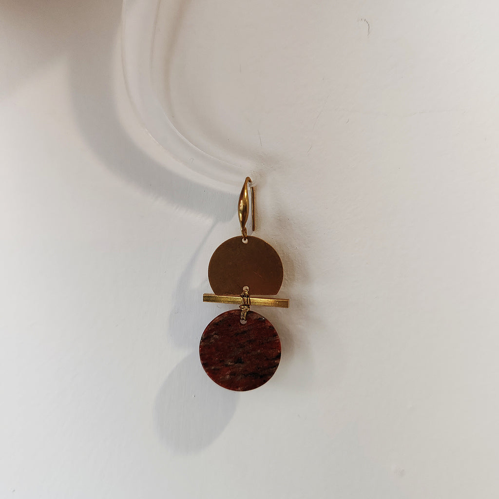 hat shape earrings, brass and stone earrings collection, labrorite, turqoise, red stone