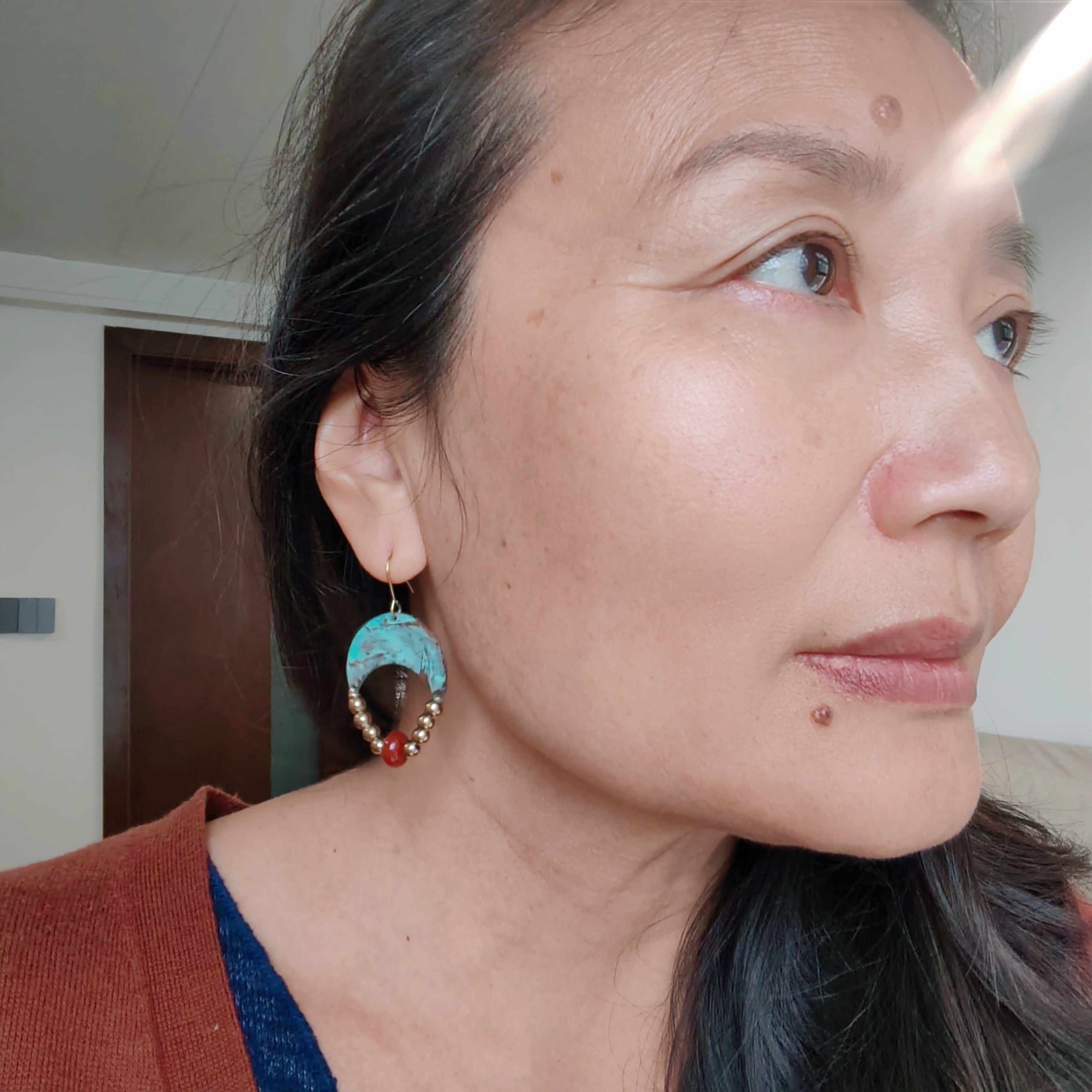 Blue flame earrings collection, with red agate, triangle