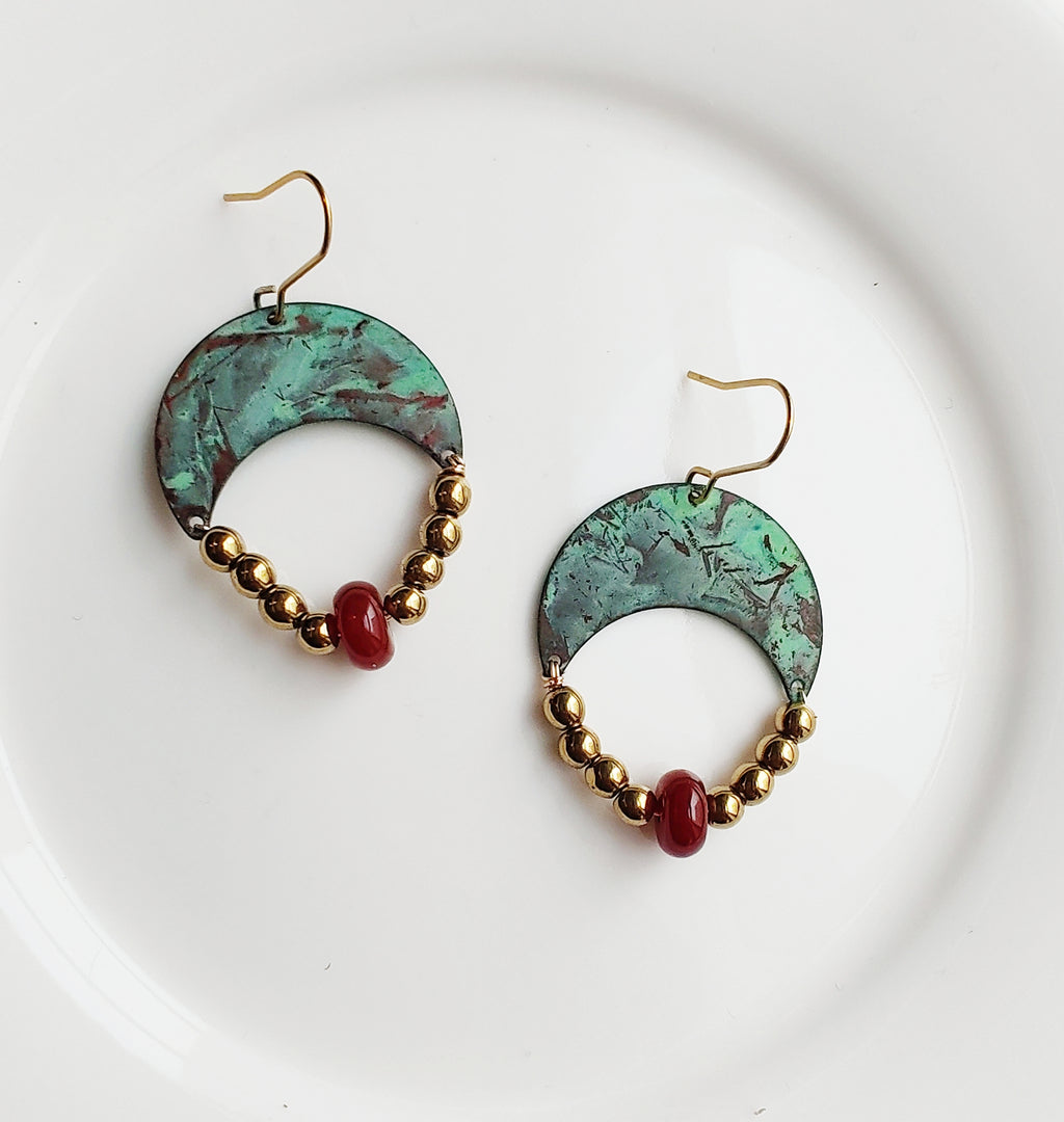 Blue flame earrings collection, with red agate, triangle
