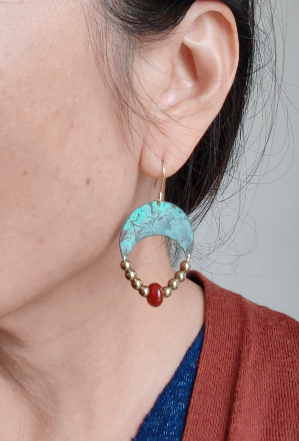 Blue flame earrings collection, with red agate, triangle