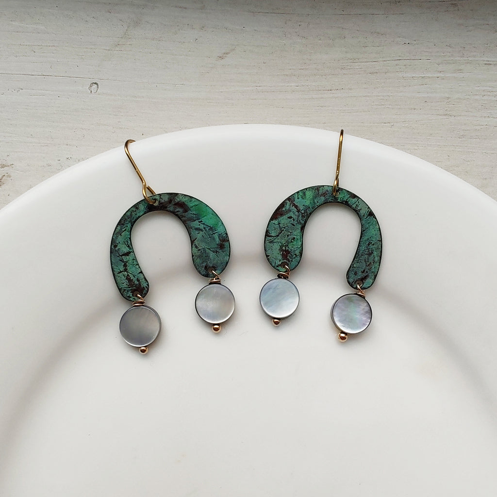 blue flame earrings collection, with shell, two drops of moon