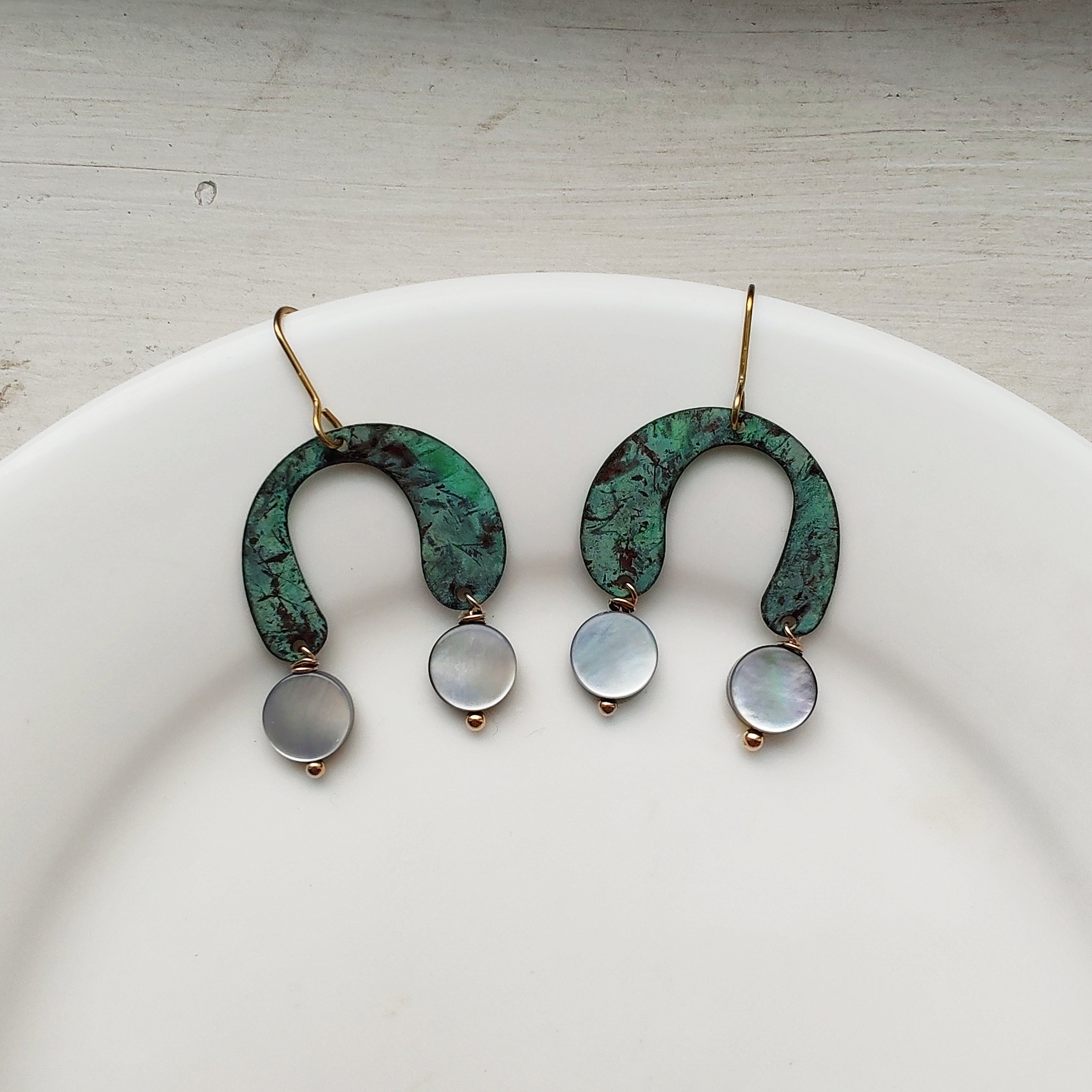 blue flame earrings collection, with shell, two drops of moon