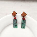 Blue Flame earrings collection, with wood, geometric shape
