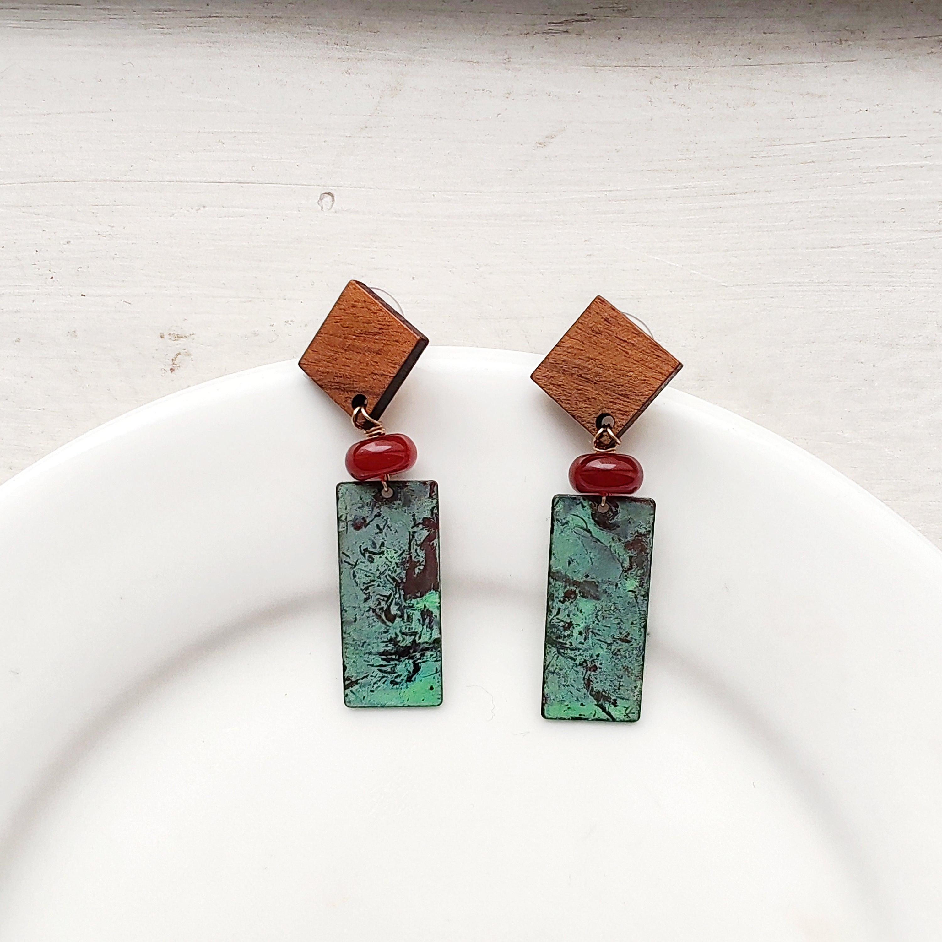 Blue Flame earrings collection, with wood, geometric shape