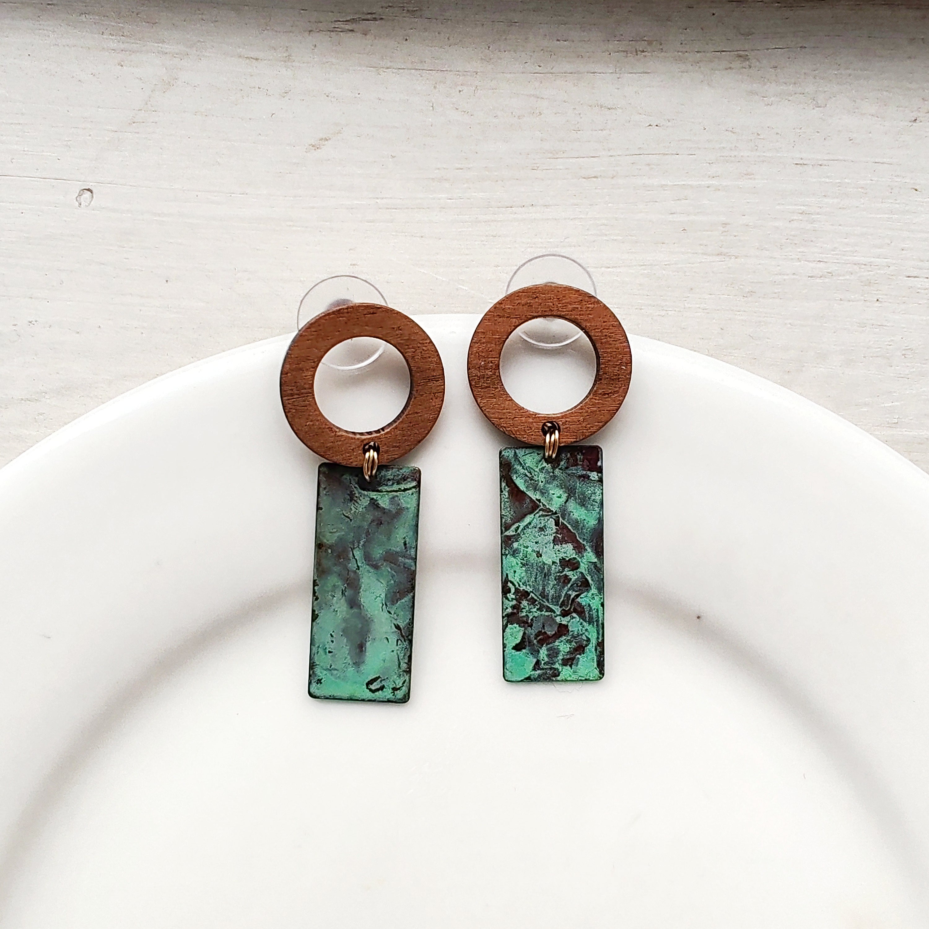 Blue Flame earrings collection, with wood, geometric shape