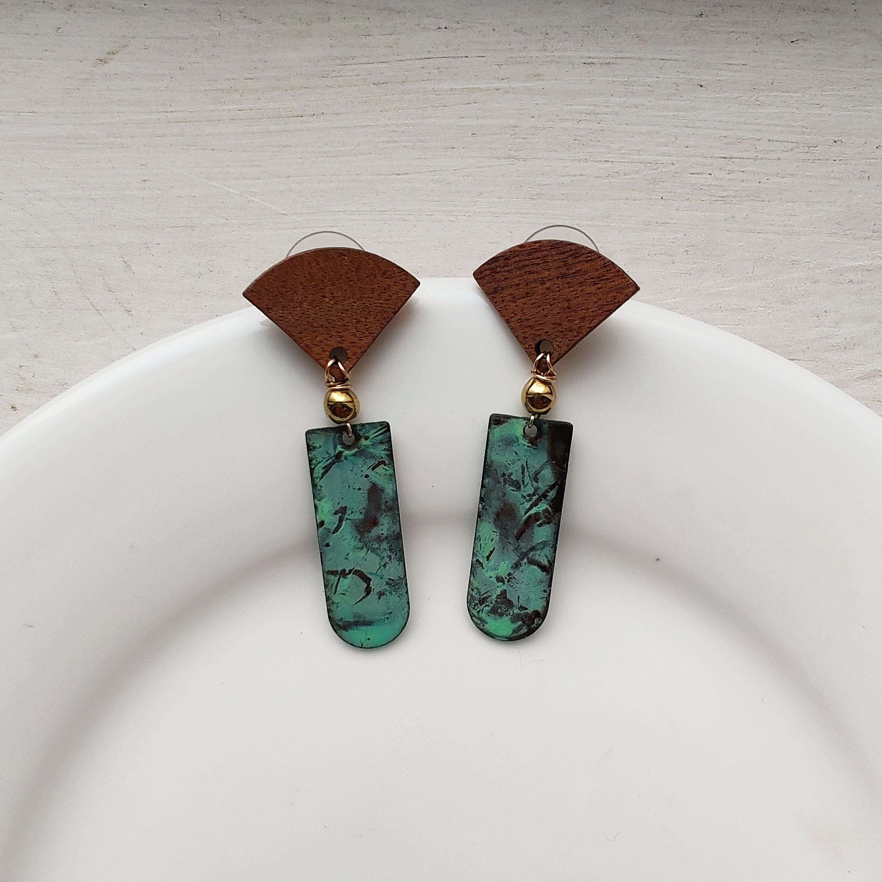 Blue Flame earrings collection, with wood, geometric shape