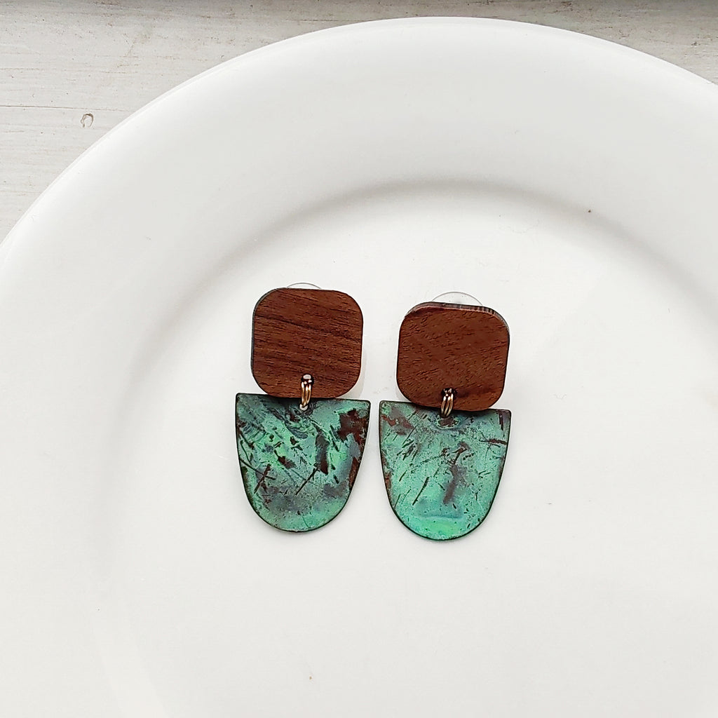 Blue Flame earrings collection, with wood, geometric shape