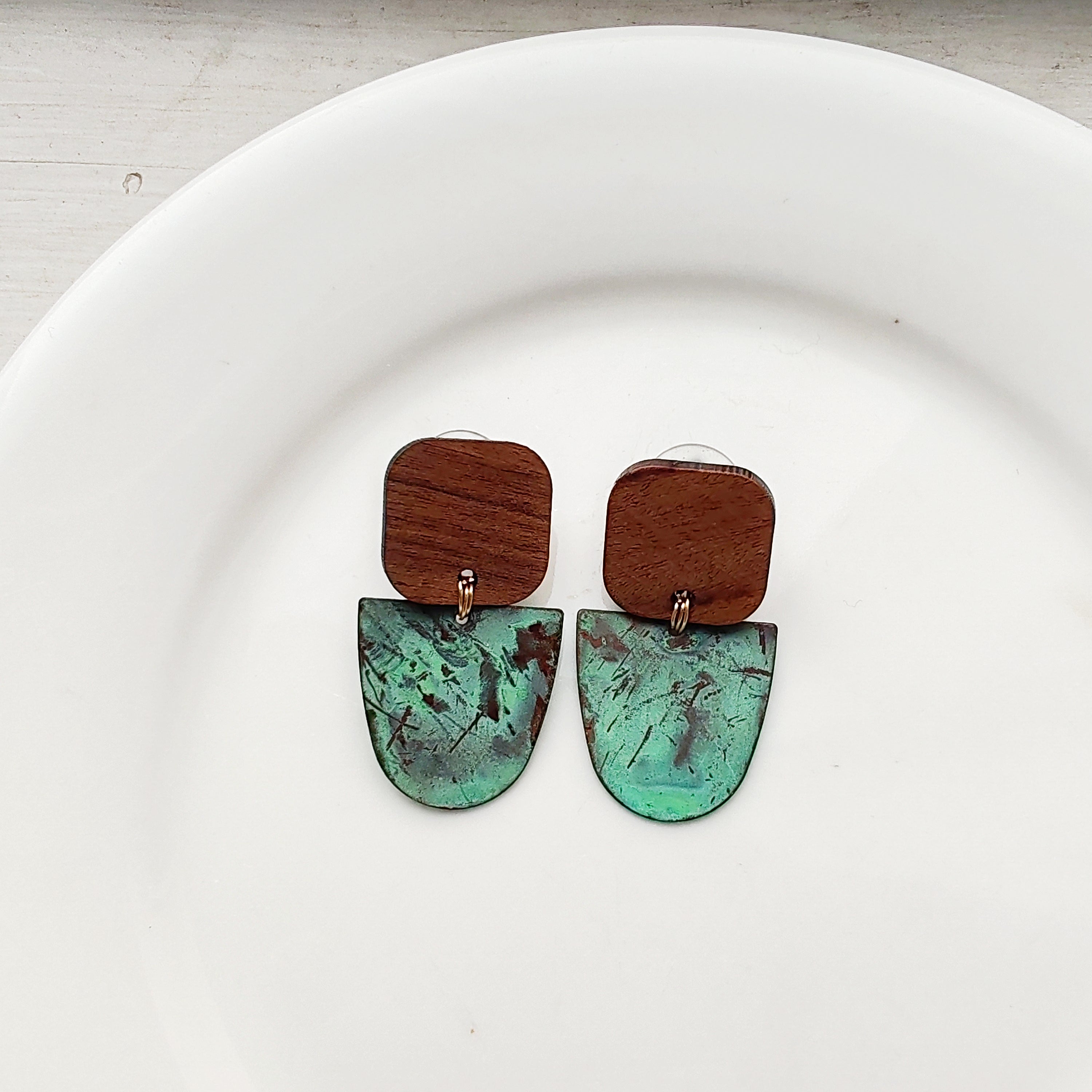Blue Flame earrings collection, with wood, geometric shape