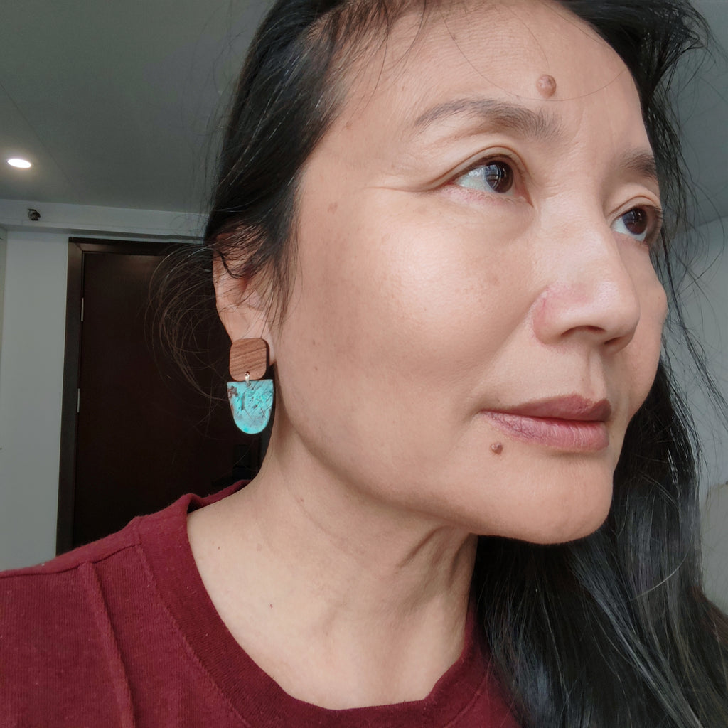 Blue Flame earrings collection, with wood, geometric shape
