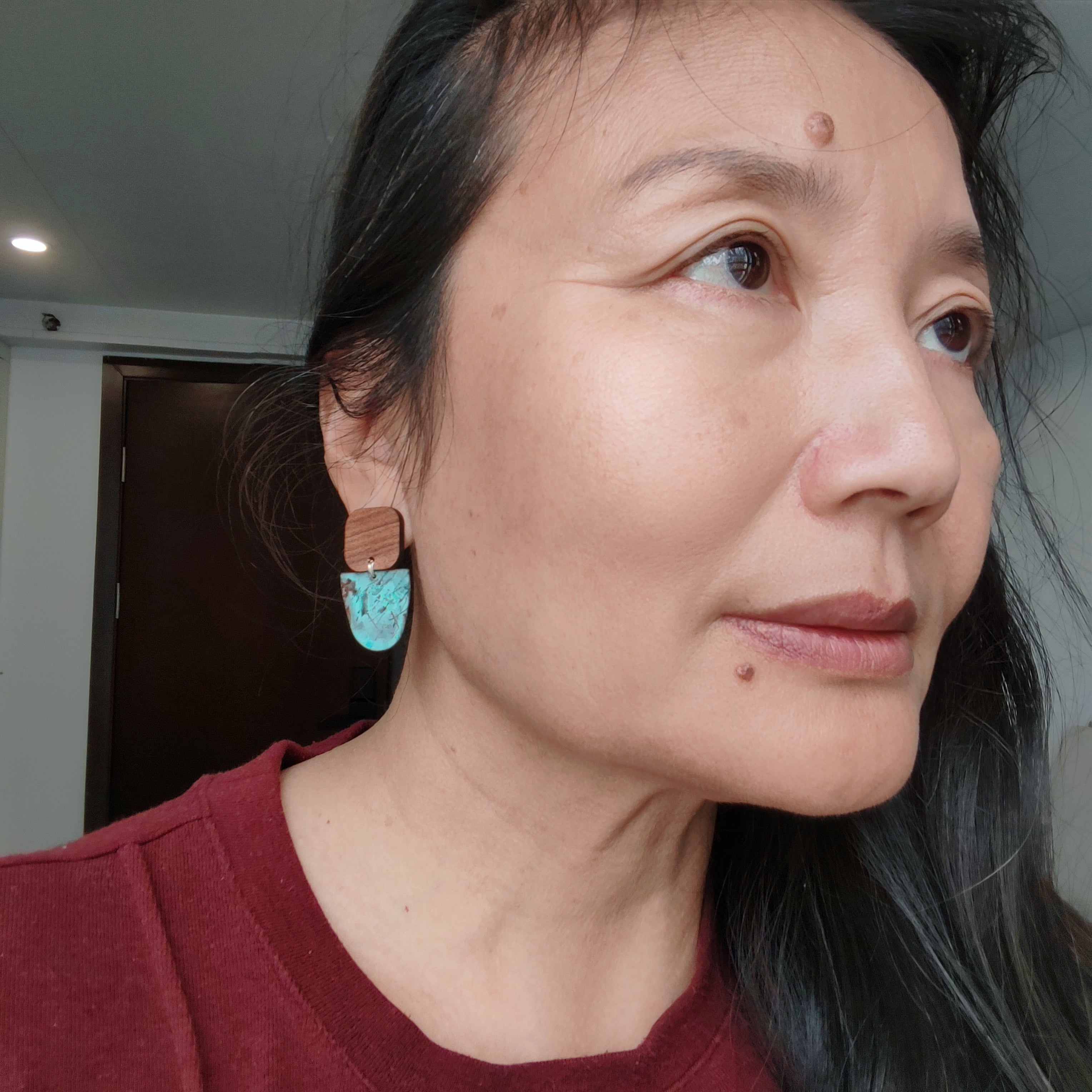 Blue Flame earrings collection, with wood, geometric shape