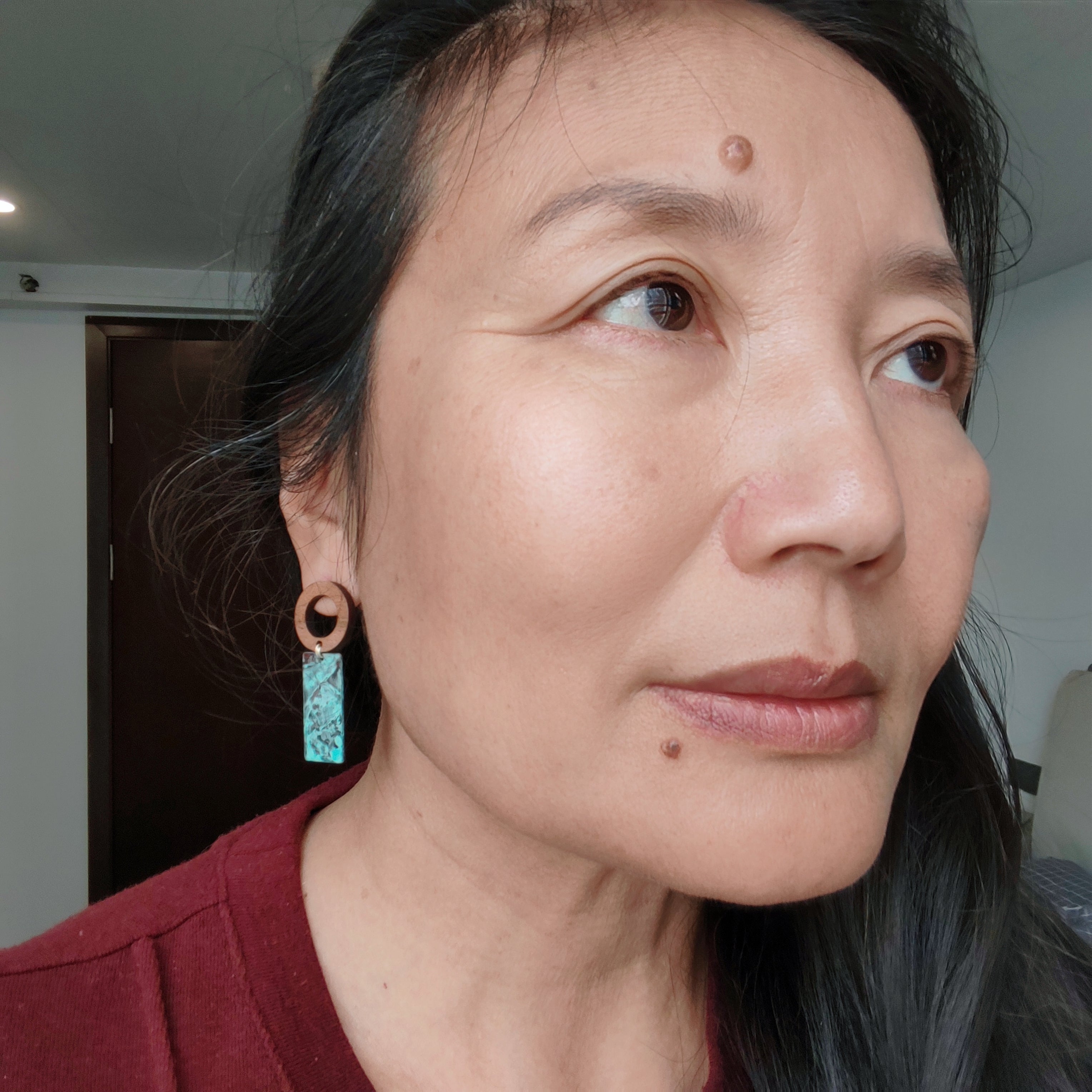 Blue Flame earrings collection, with wood, geometric shape