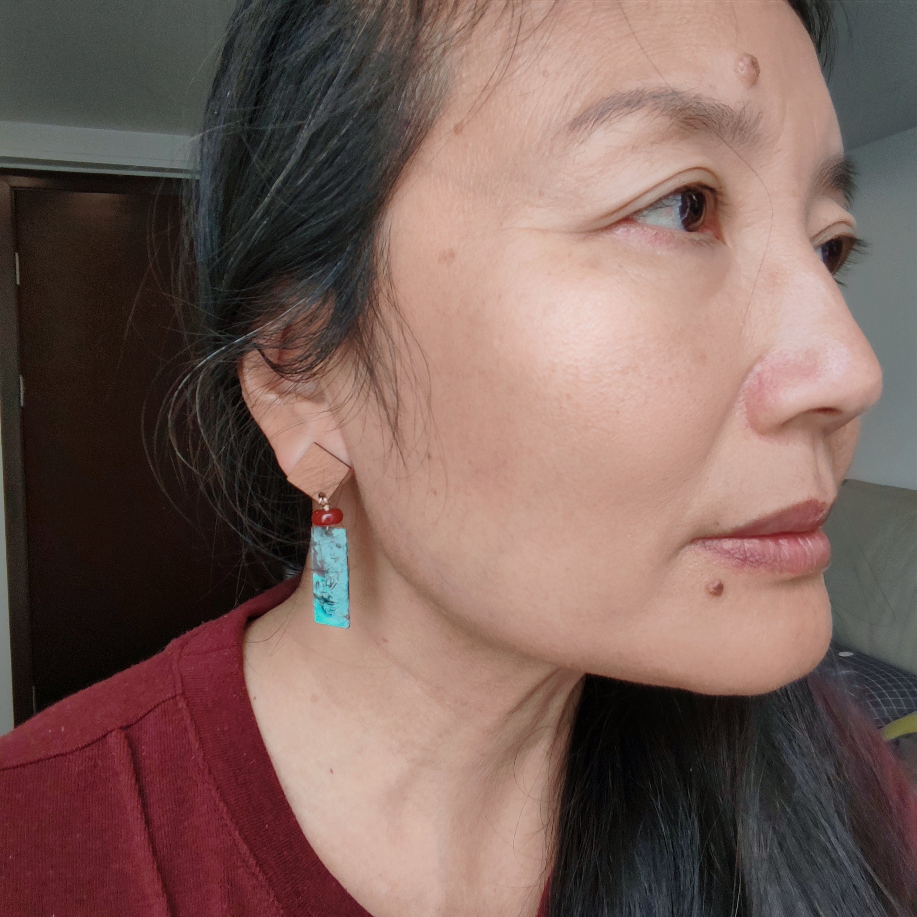 Blue Flame earrings collection, with wood, geometric shape