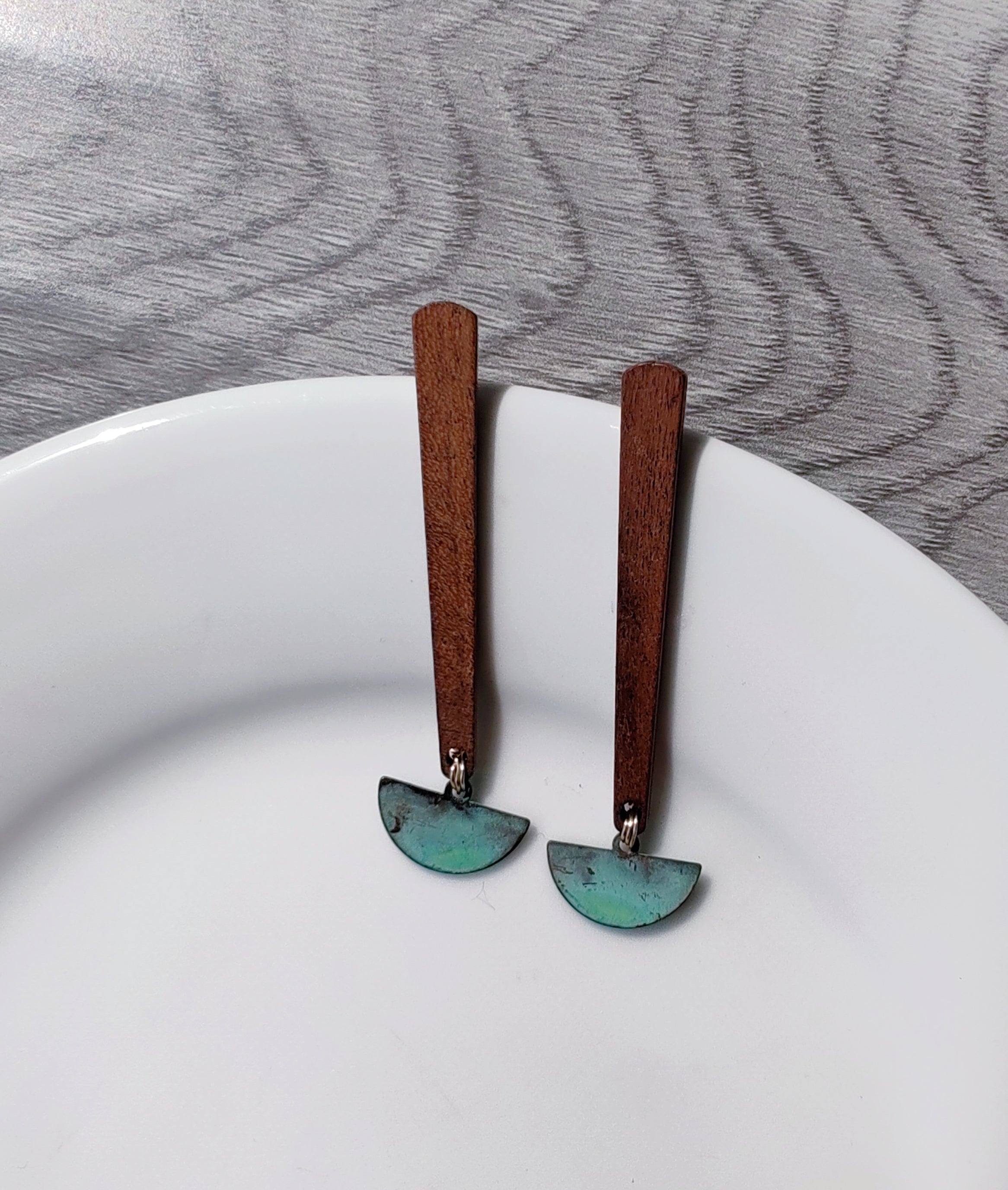 Blue Flame earrings collection, with wood, geometric shape