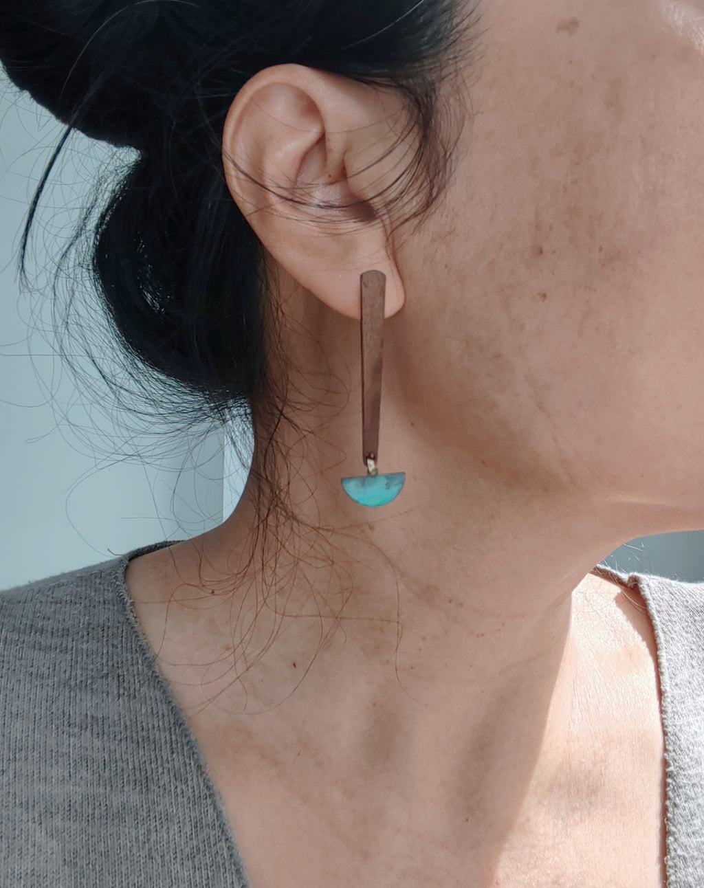 Blue Flame earrings collection, with wood, geometric shape