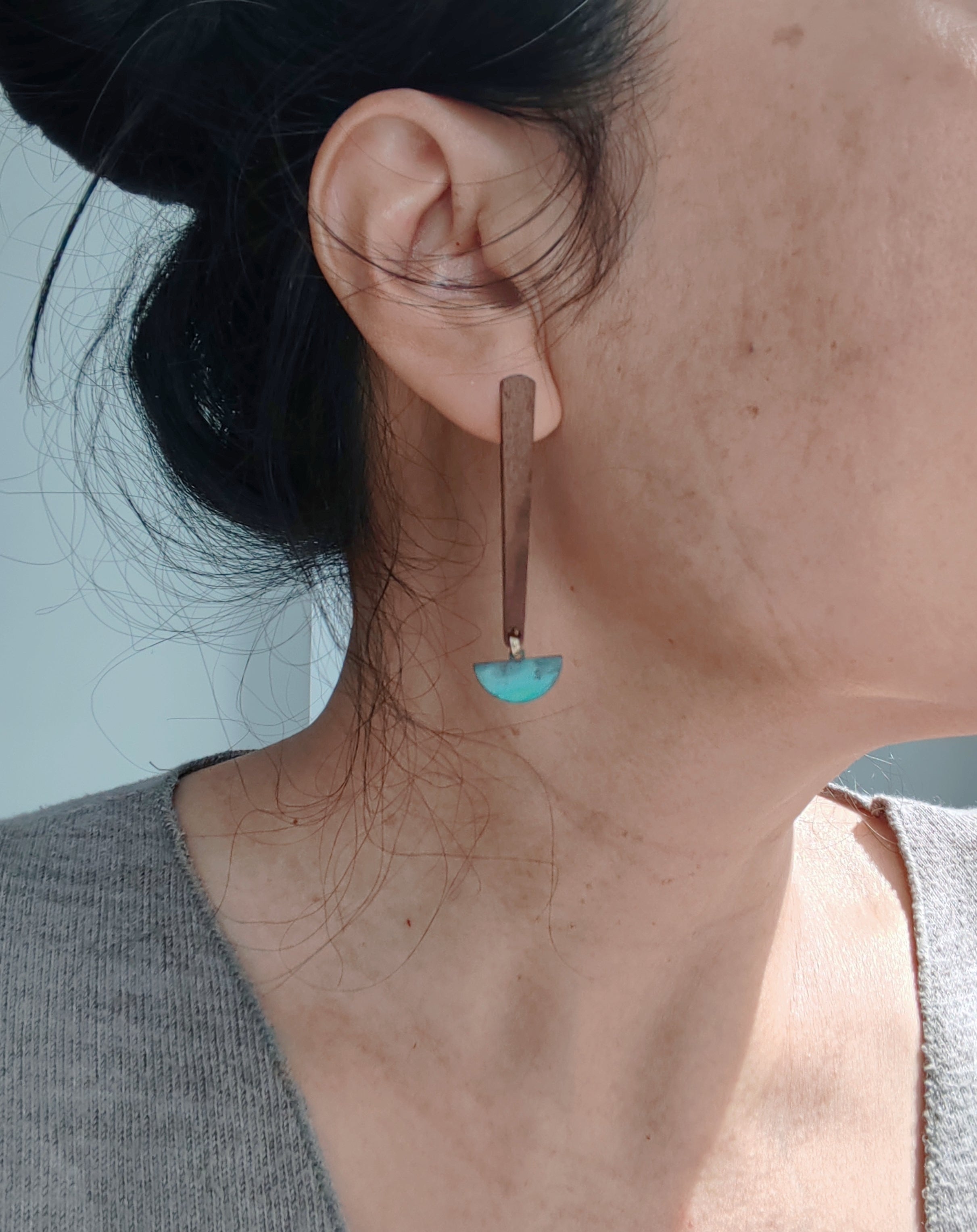 Blue Flame earrings collection, with wood, geometric shape