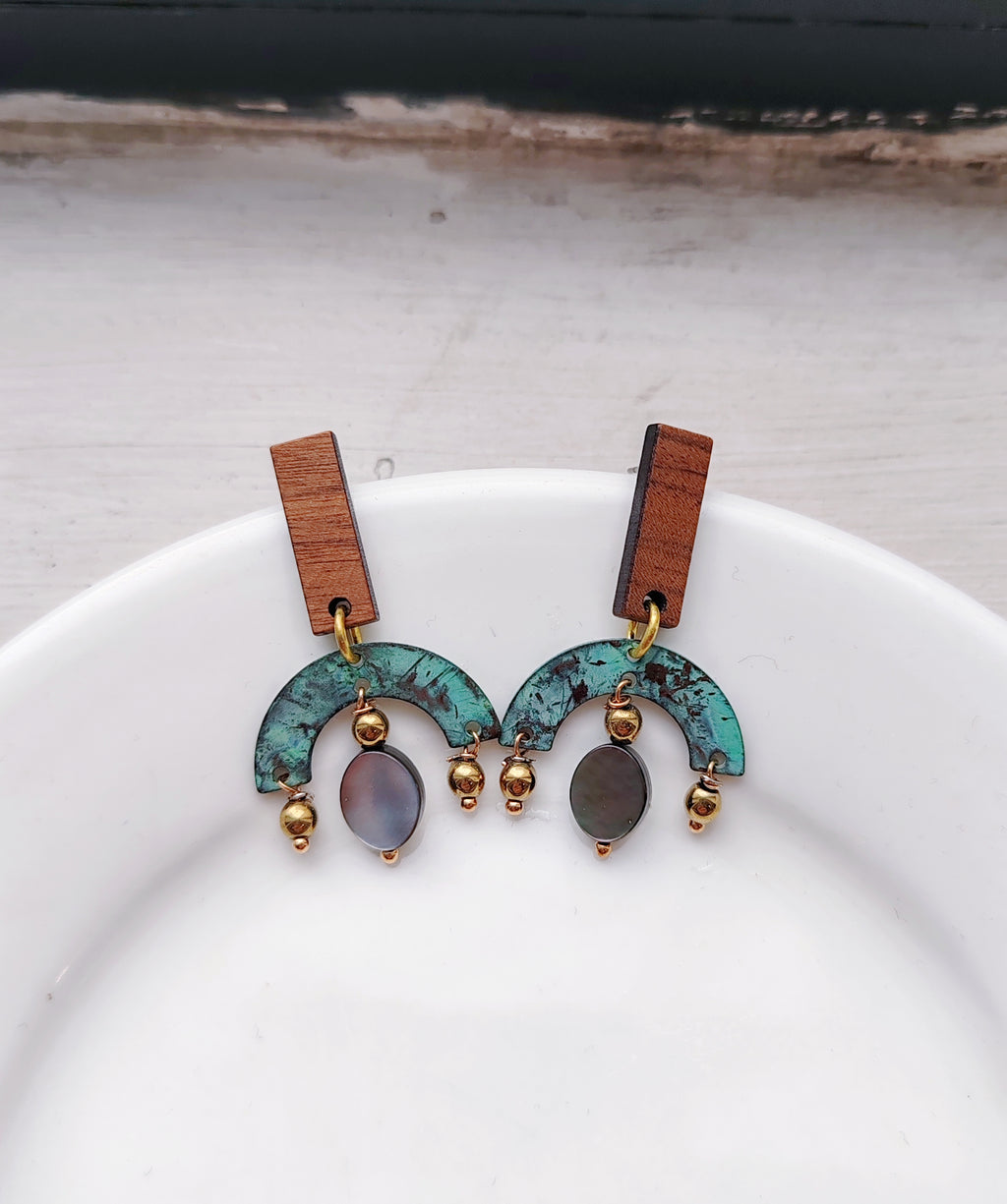 Blue Flame earrings collection, with wood and shell